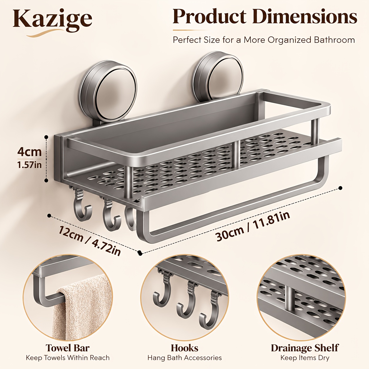 TEMU Étagère de Salle de Bain Murale Kazige avec Porte-Serviettes et Crochets, Panier de Douche Organisateur en Métal avec de Drainage, Support de