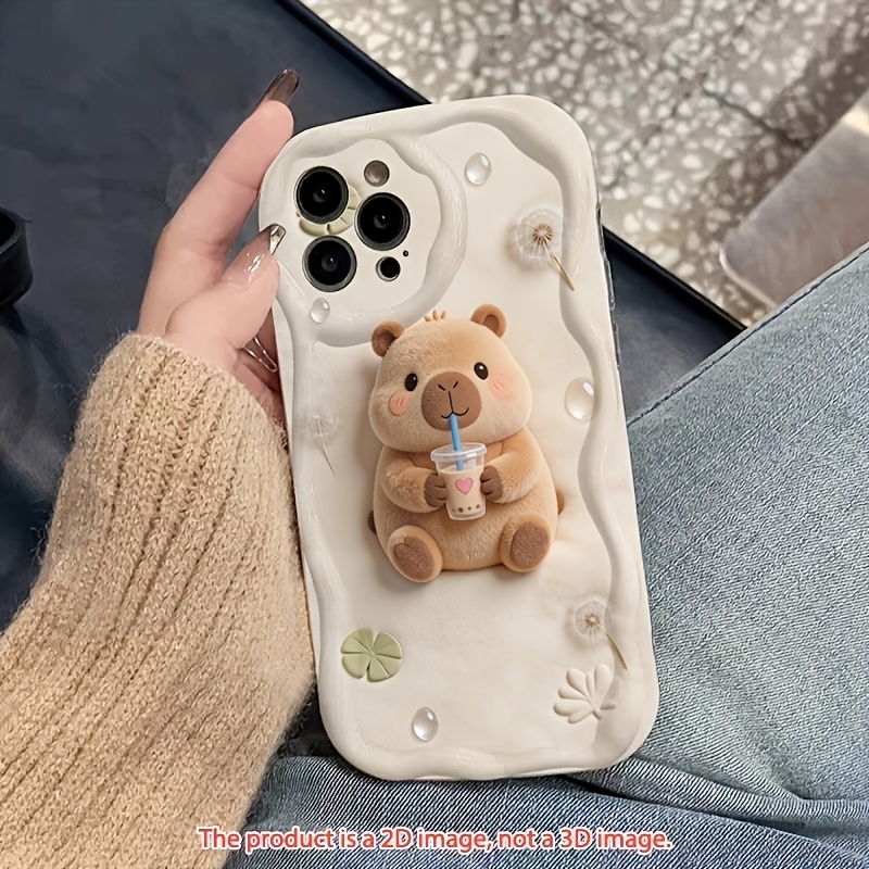 Trda ovitek za telefon: 2D tiskani ovitek za telefon - 1, Kapibara, ki pije mlečni čaj, z valovitim kremnim , odporen na padce, mehka zaščitna