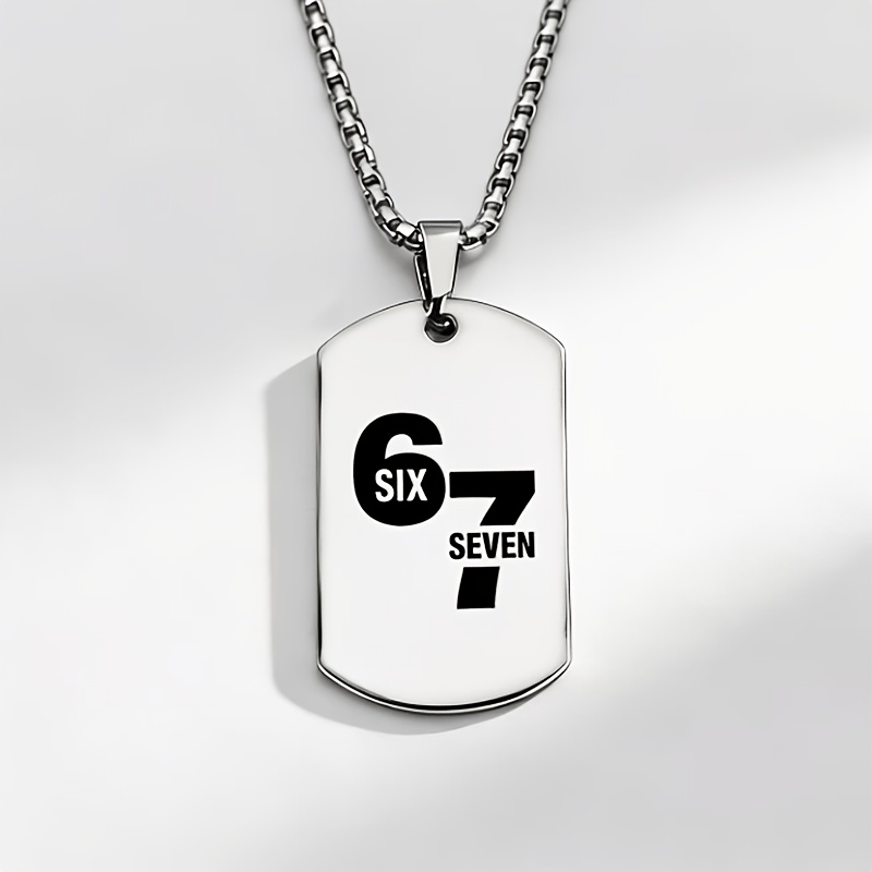 Image of Trendy Cool "67" Number Military Dog Tag Necklace, Stainless Steel Pendant, Hip-hop Style Unisex Versatile Streetwear Accessory