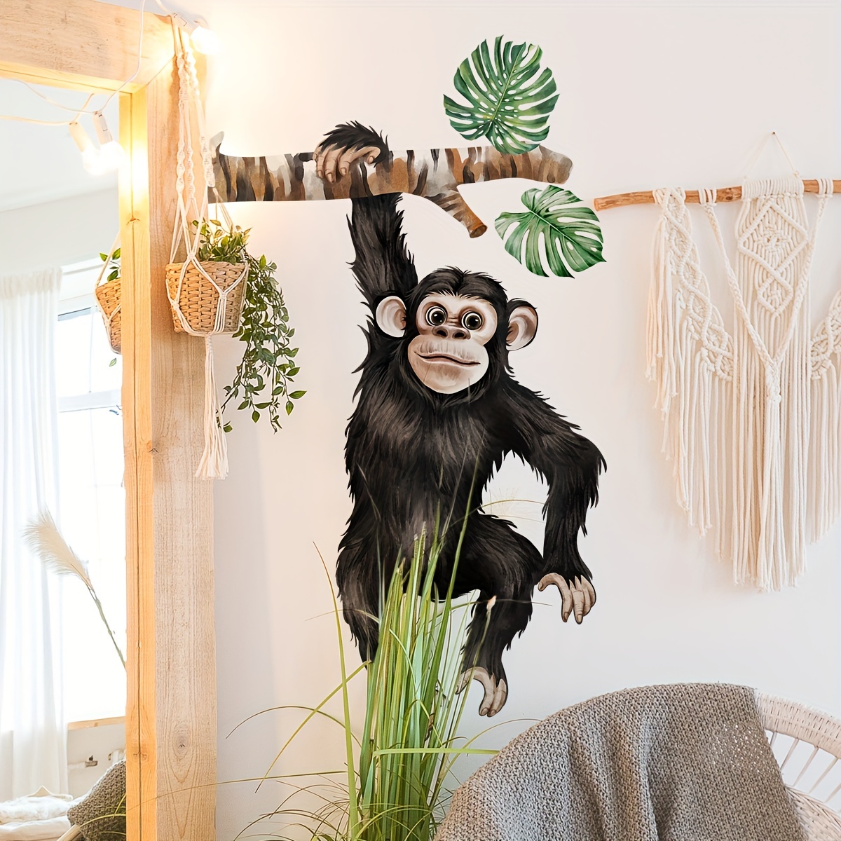 

Contemporary Monkey Hanging On Branch With Leaves Wall Decal, Polyvinyl Chloride Self-adhesive Sticker For Bedroom And Living Room Decor, Single Use Home Decoration Ms3212-yl