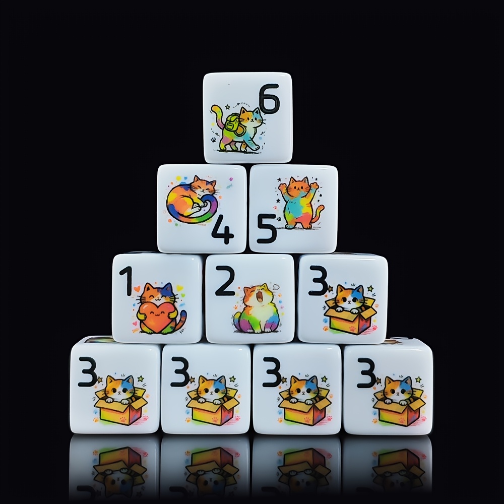 6pcs/Set 16mm D6 Acrylic Dice with Rainbow Cat Pattern