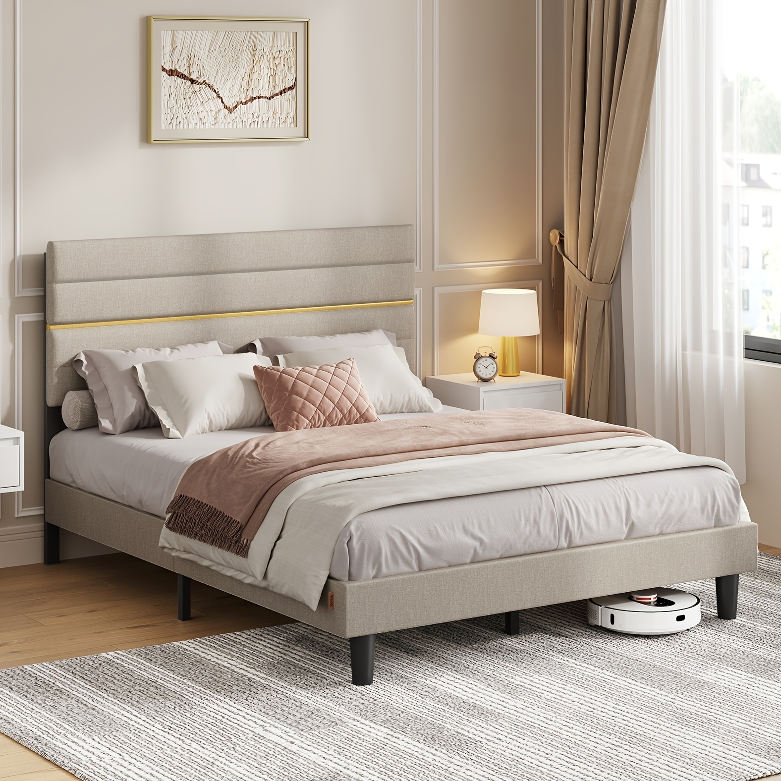Upholstered Bed Frame With Adjustable Headboard And Slats, 140 X 200cm Platform Bed, Dark Grey Fabric Bed With Heavy Duty , Noise-reducing Design For Bedroom