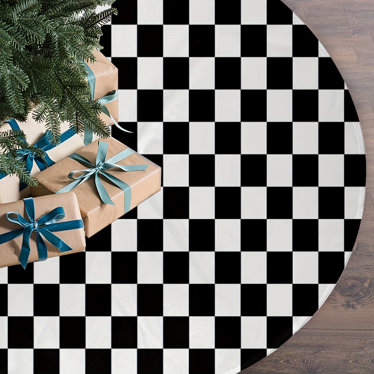 

1pc Polyester Christmas Tree Skirt, 48" Checkered Flag Design, Festive Holiday Tree Decor, Perfect For