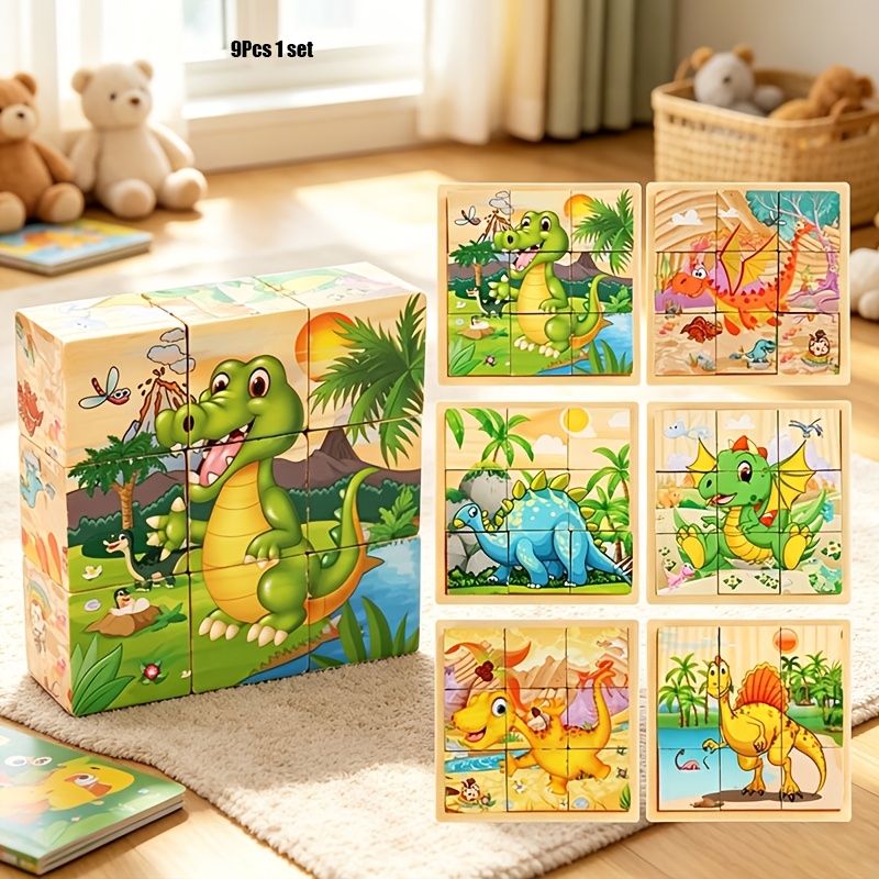 9pcs 1 Set 6 Sides Picture Wooden Block Puzzle, Gift