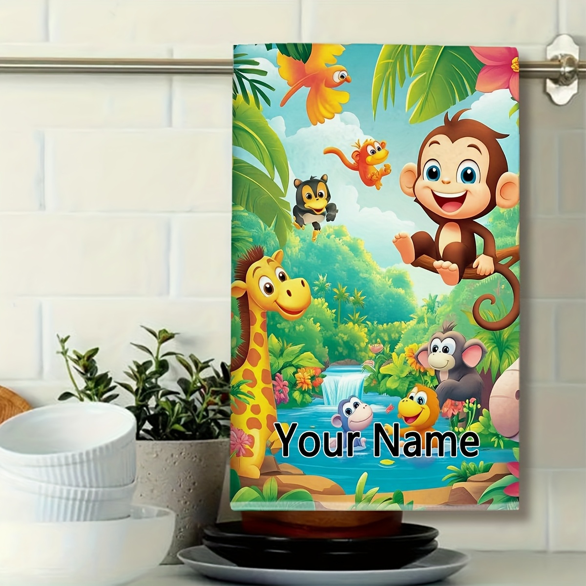 TEMU Customizable, 1pc, Face Towels, With Customizable Text, Jungle Animal Party Pattern Towel, Modern And Stylish Towel Design, Suitable For Use In