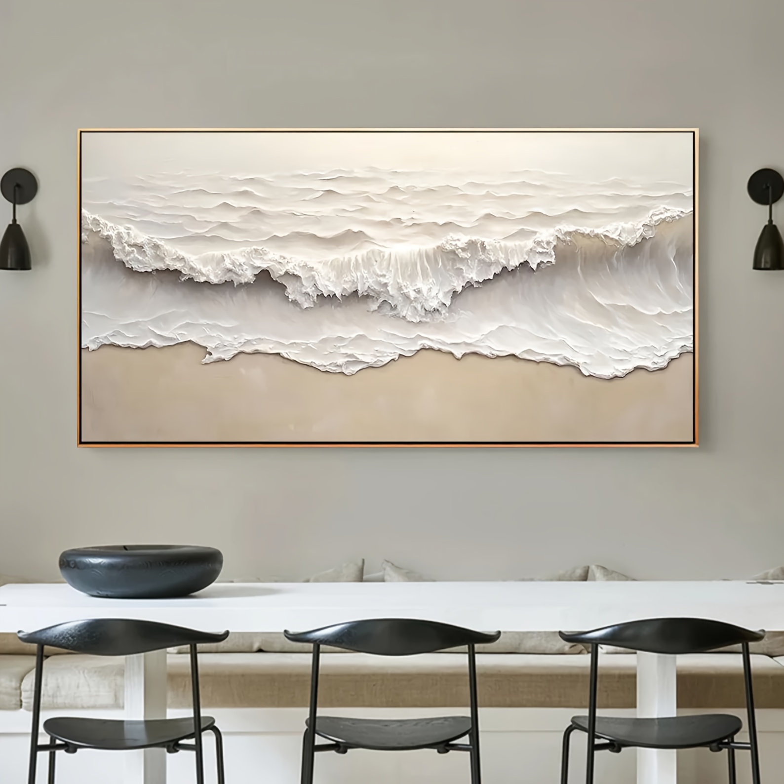 Large Modern Minimalist Abstract Canvas Oil Painting - Hand-Painted Wave Design in Light Gray, White, and Golden, Aluminum Alloy Frame, Perfect for Living Room, Bedroom, Office Wall Decor - Unique Art Gift for Halloween, Christmas, or Home Decor