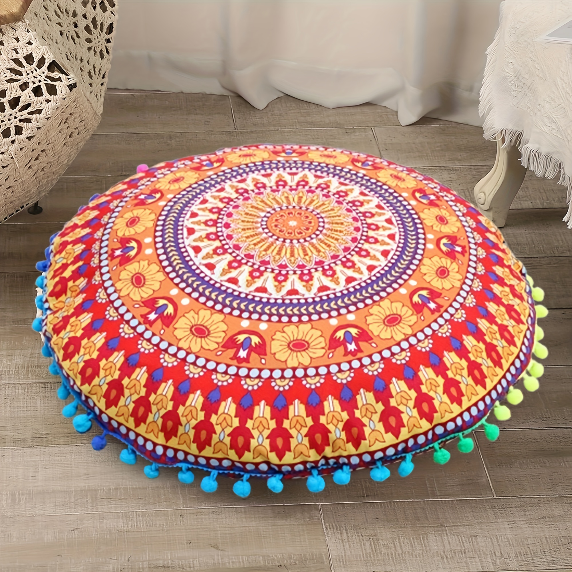 

Floor Pillow Cover With Pom-poms - 33" & 17" Round Meditation Cushion Case, Geometric Pattern, Hand Washable Polyester, Versatile Home Decor