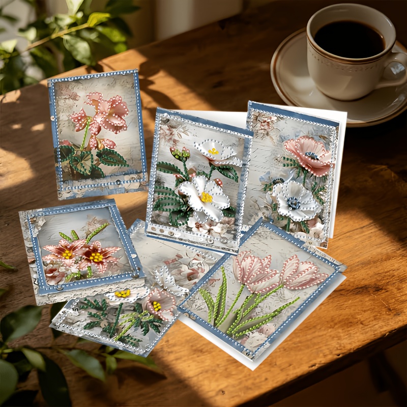 TEMU New 6pcs Set 2d Irregular Diamond Painting Floral Greeting Card Set, Retro Background Handmade Card, Tulip Camellia Pattern, Birthday, Mother's