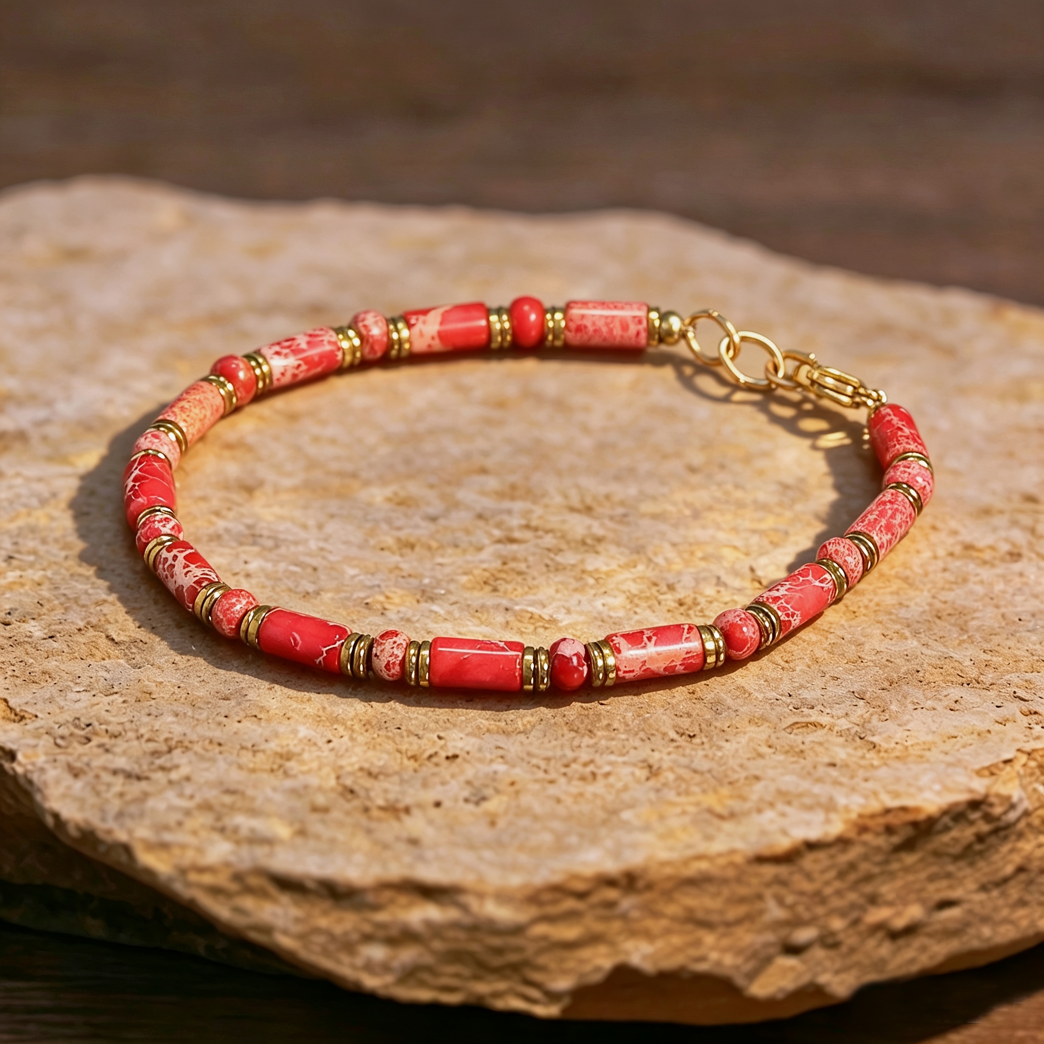 TEMU 1pc Handmade Bohemian Red Jasper Stone Bracelet | Wealth Success | Vintage Elegant Style | Natural Stone | Unisex Accessory | Fit For Daily And