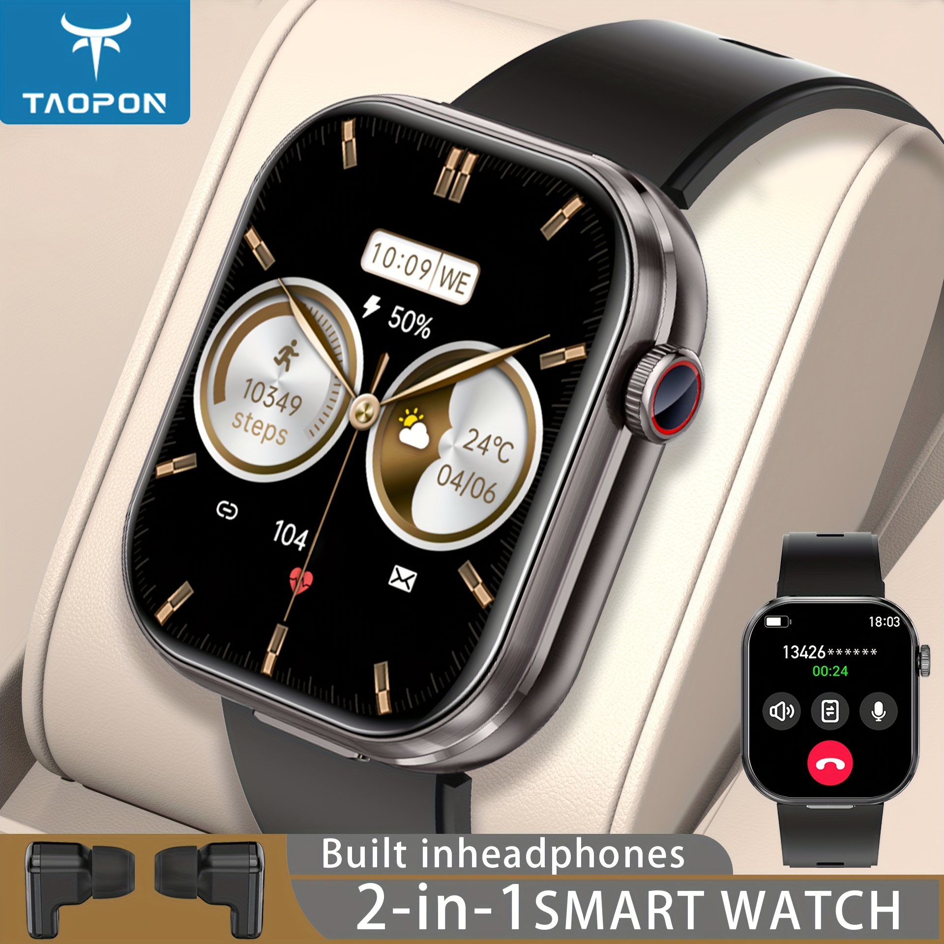 Image of The Taopon "-in-1 Smart Watch With Tws Earbuds" Boasts A 2.02-inch Hd Display, Enables Call Answering And Making, Includes A And Music Control, Tracks And Steps, And 100 Sports