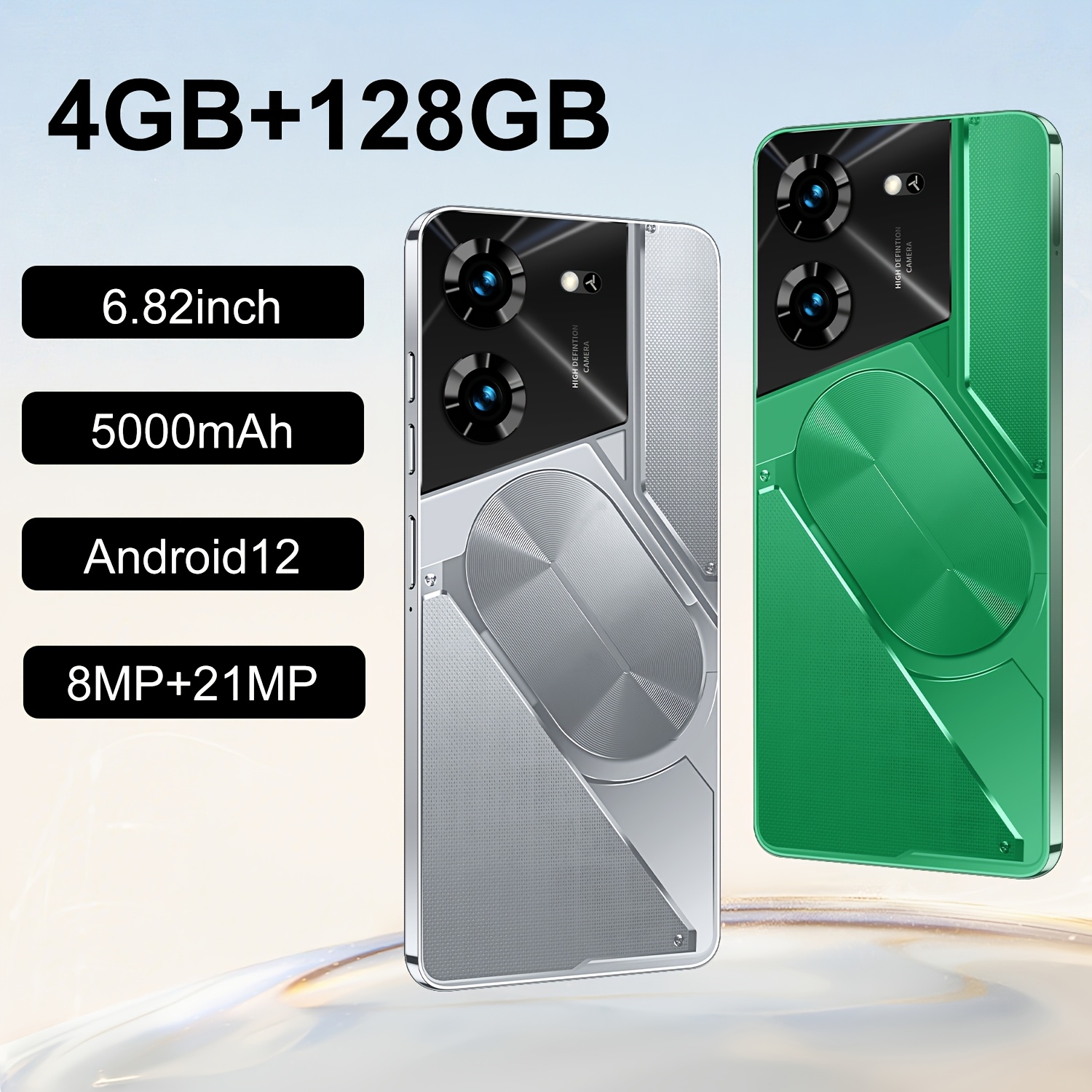imagen del artículo   la versión   del smartphone   en 2026 | pantalla   hd de 6.82 pulgadas, batería de 5000 mah, 4 gb + 128 gb de almacenamiento,   sim, cámara trasera de 21 mp, cámara frontal de 8 mp,   12, diseño exterior elegante, regalo   para  