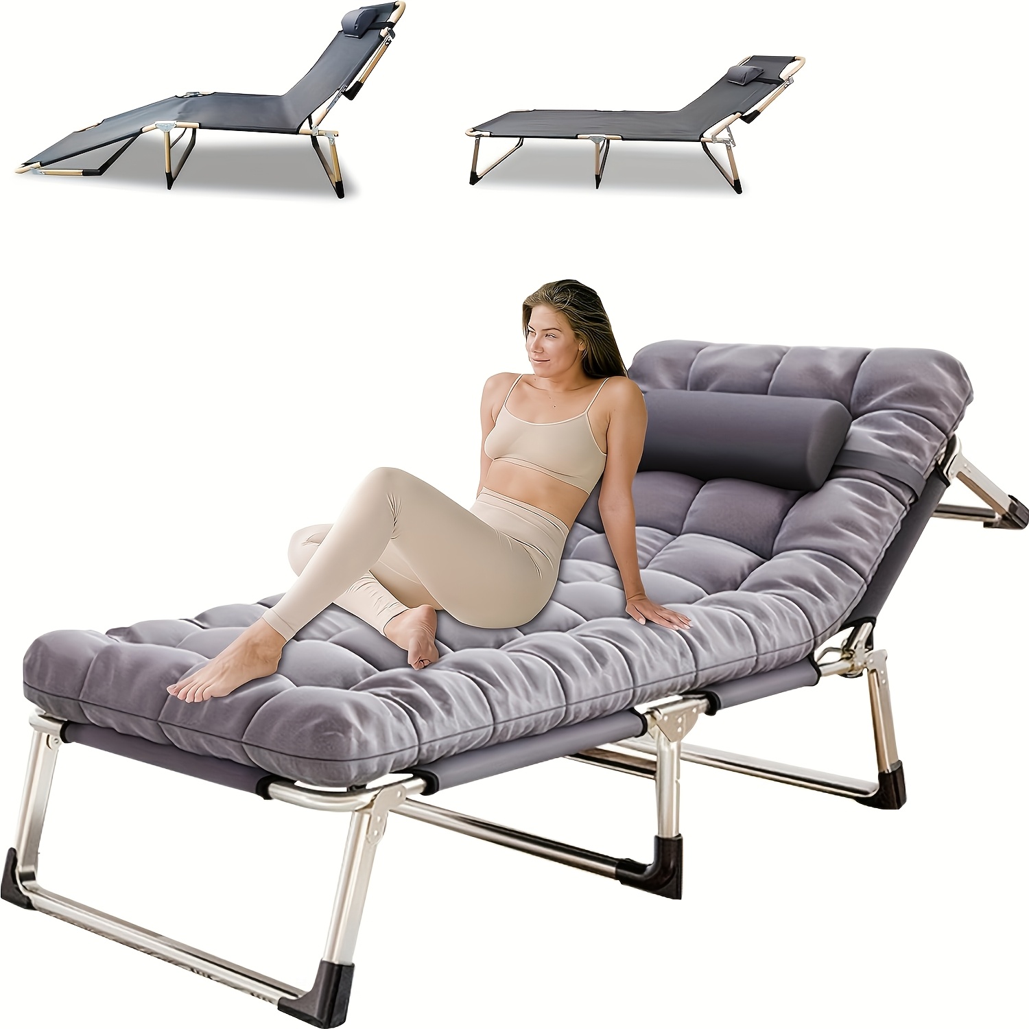 folding bed in   portable outdoor lounger adjustable adult lounger with pillow heavy duty oxford cloth 1200d cushioning 600 lbs weight capacity suitable for travel party picnic camping outdoor only