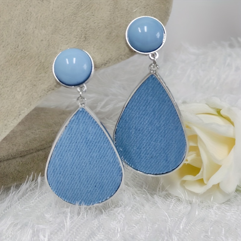 

Elegant Boho Chic Light Blue Denim Water Drop Clip-on Earrings With Domed Stone Accents - Silvery Plated Alloy, Perfect For Parties & Everyday Wear