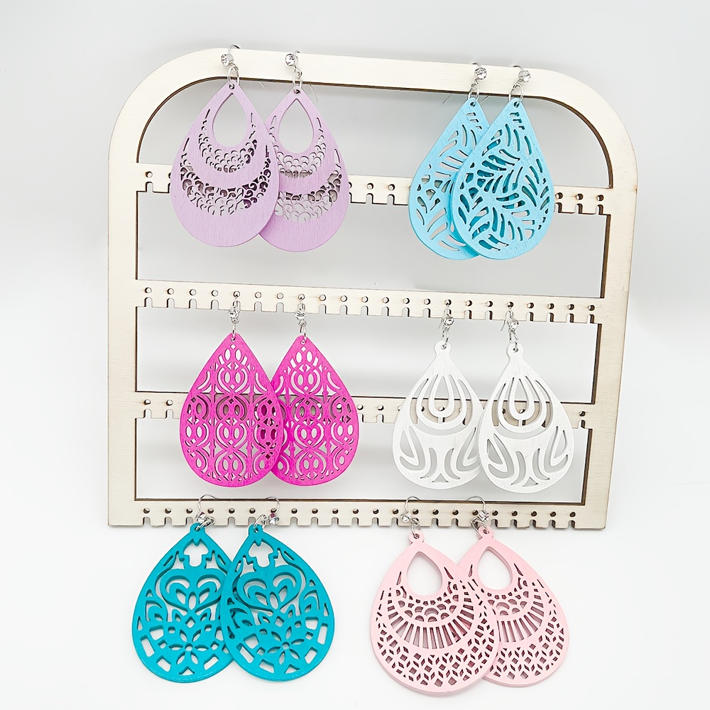 6 Pairs Ethnic Style Wooden Hollow Pendant Earrings Set