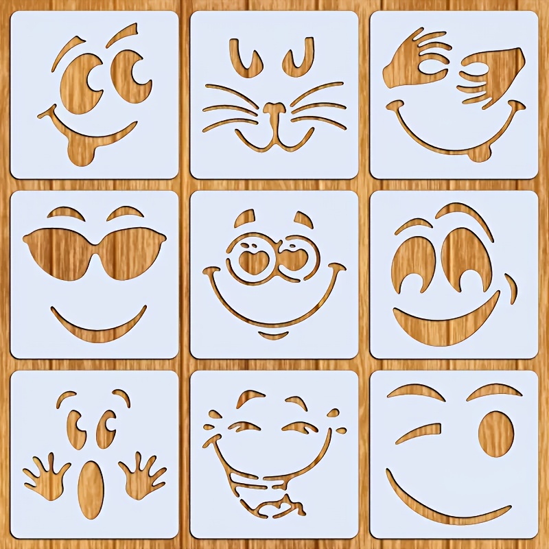 E-shop 9-teilige Happy-Face-Schablonen, 3,94 x 3,94 Zoll, wiederverwendbare Malvorlagen, waschbar, für Wände, Leinwand, Stoff, DIY-Bastelprojekte
