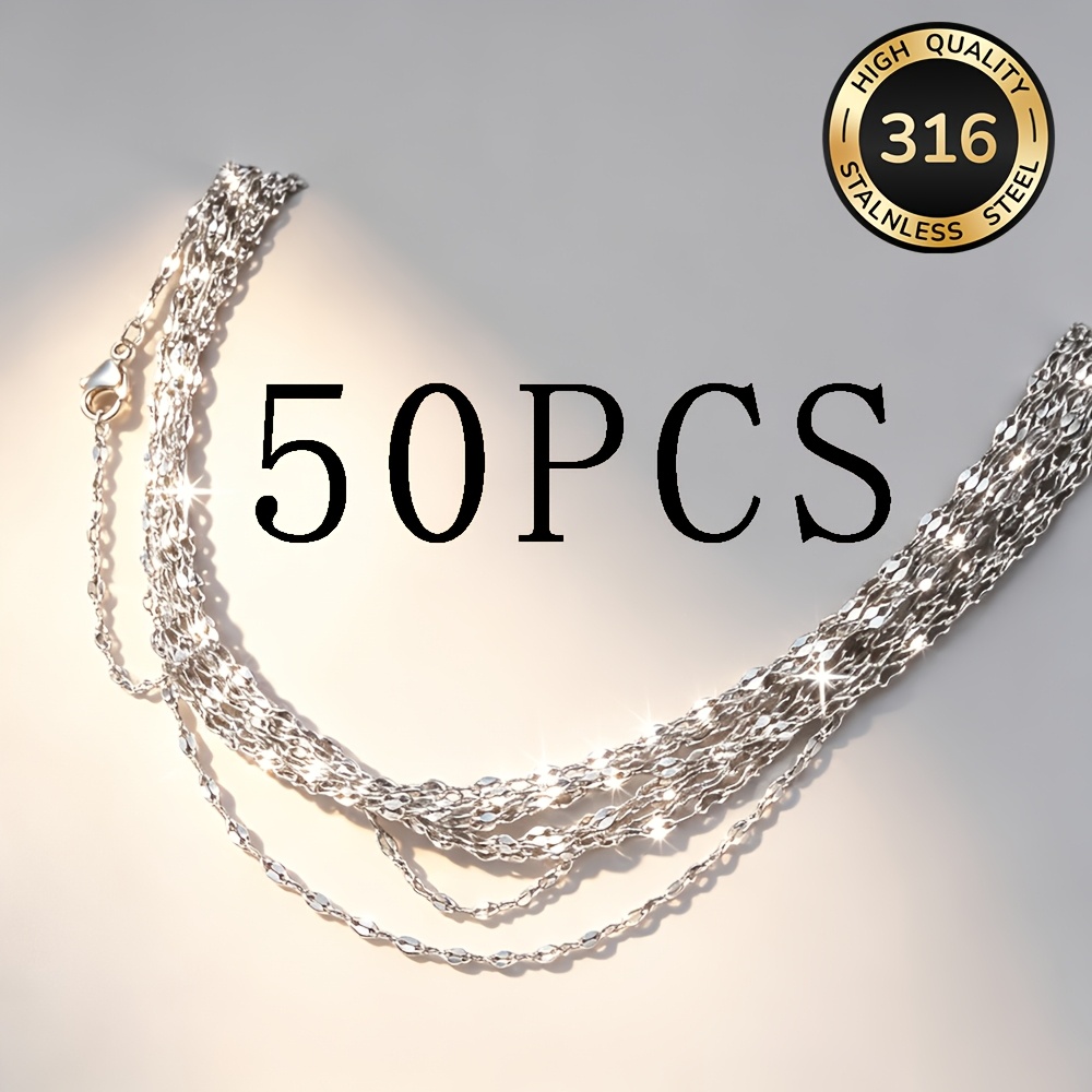 TEMU 50pcs/package Stainless Steel Classic Thin Lip Necklace, +5cm/1.96inch Extension Tail Chain, Waterproof And Durable Hypoallergenic Material,
