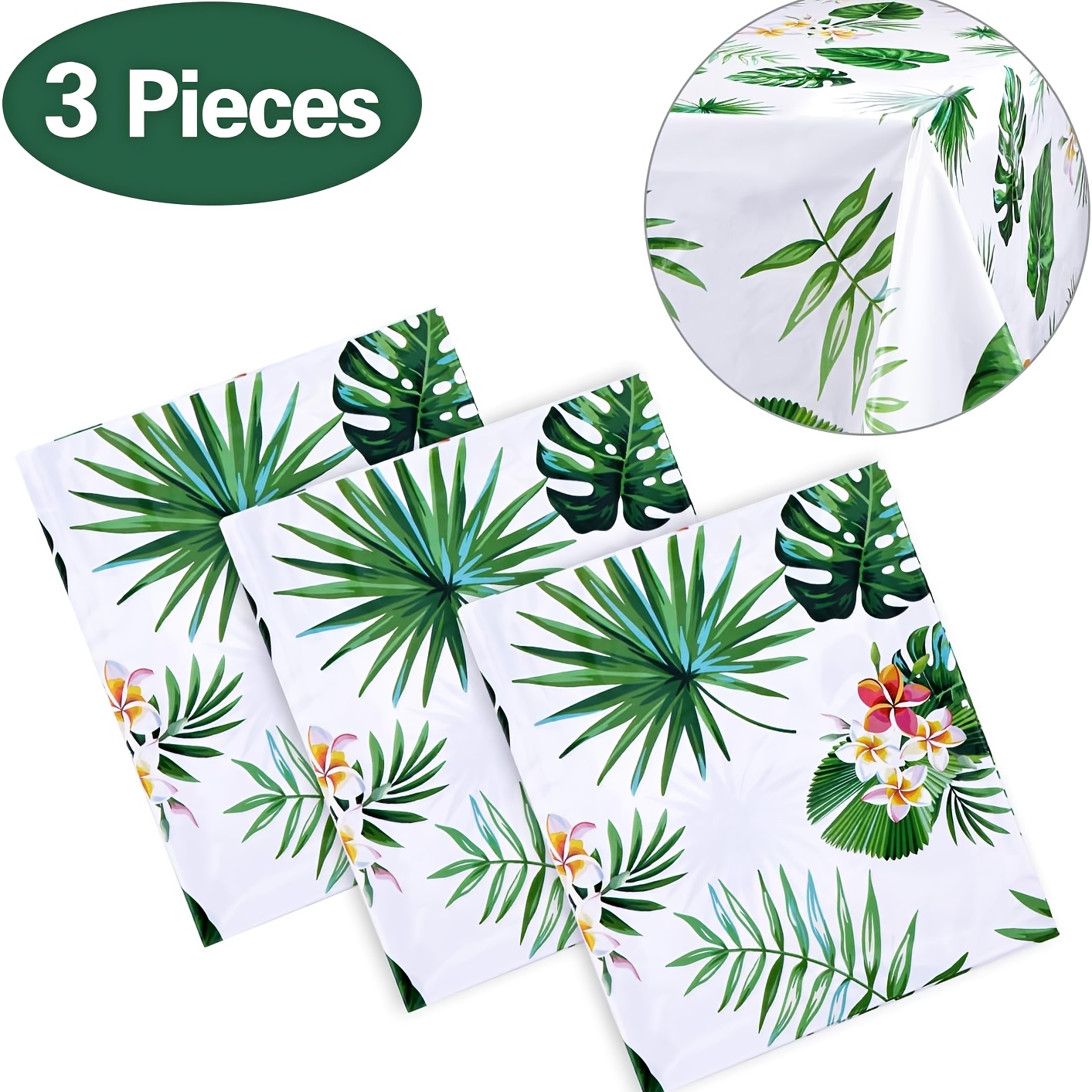 TEMU 3pcs Hawaiian Tablecloth Set, Party Decoration, 130*220cm Hawaiian Disposable Plastic Rectangular Tablecloth, Leaf Tablecloth, Summer Beach