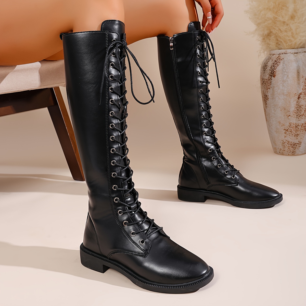 靴 NYXU lace up long boots 靴 NYXU lace up long boots 2024 Womens Knee-High Boots Retro