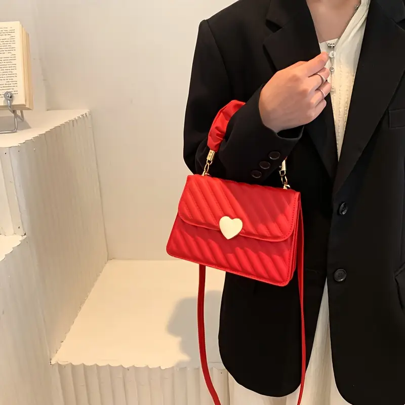 womens fashion shoulder bag korean version leather quilted solid color heart accent removable strap magnetic closure synthetic leather lining painted edges versatile crossbody purse in black red beige orange red rose khaki green purple details 2