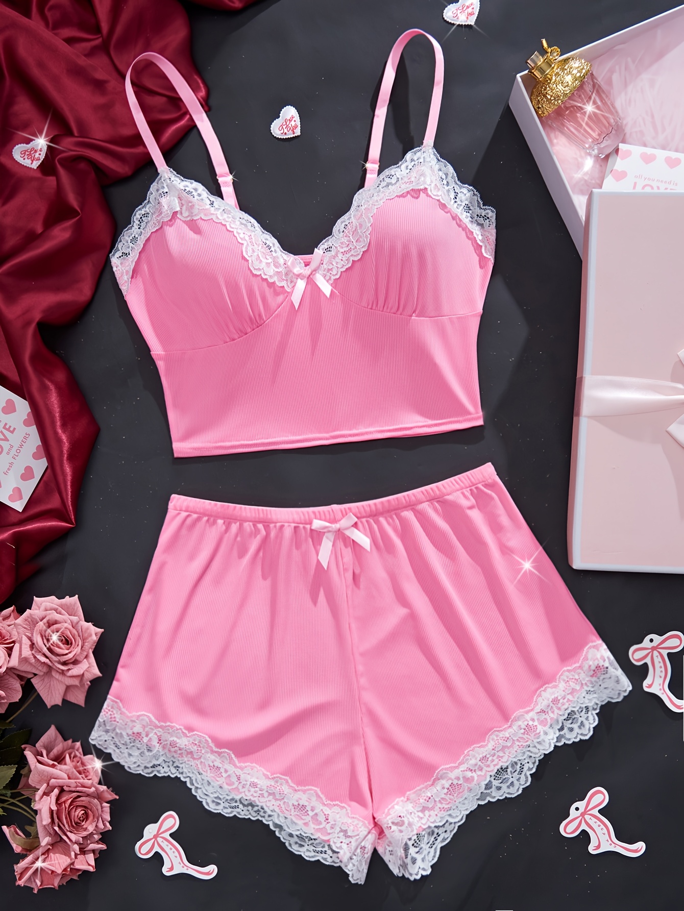 2 piecesolid color   pajama set contrast lace bow halter top shorts womens   pajamas Product details 10