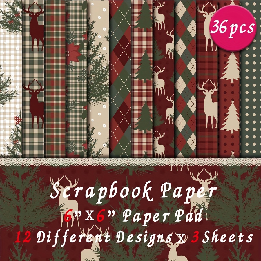 

Christmas Plaid Scrapbook Paper Pad - 36 Sheets, 6x6 Inch, Art Craft Pattern Cardstock For Diy Decor & Card Making Supplies Brads For Paper Crafts Embellishments Craft Supplies For Card Making