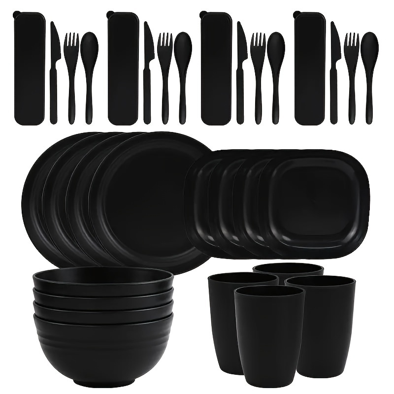 

Dinnerware Sets Unbreakable Plates And Bowls Microwave Safe Plastic Lightweight Knives Forks Spoons For Kitchen Outdoor Camping Party (black, 32 Pcs)