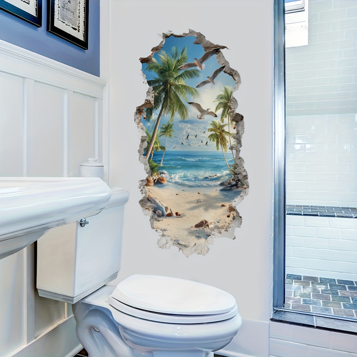 Image of 1pc Bathroom 3d Beach Wall Sticker, With A Wall-breaking Design Revealing A , Ocean Waves, And . Self-adhesive Design For Easily A Seaside Bathroom Style