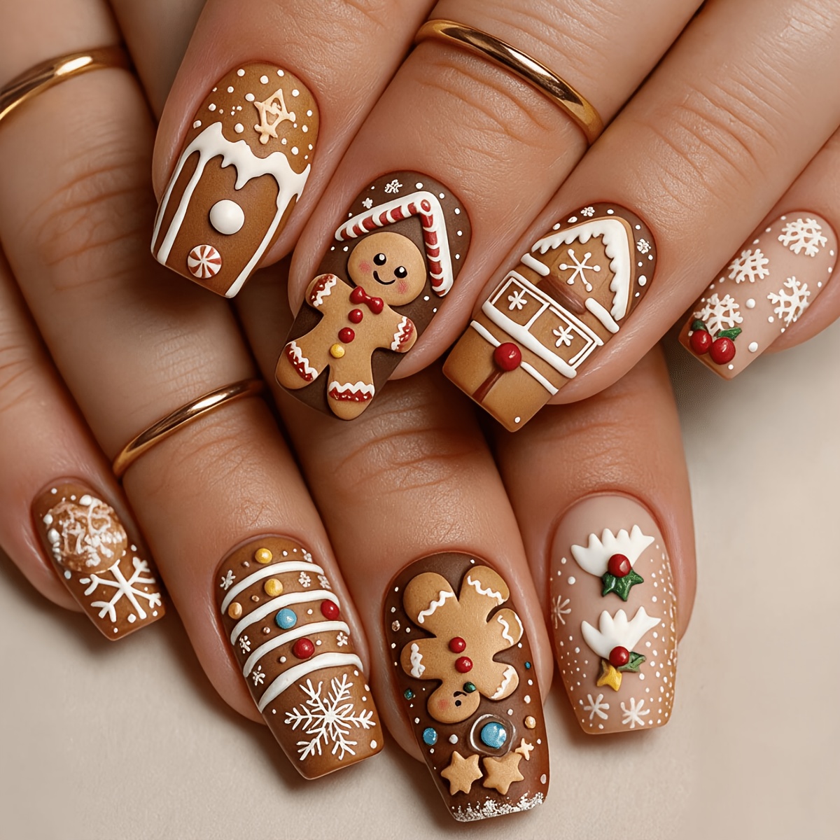 TEMU Faux ongles 3D de Noël à pression amovibles pour homme, à motif de biscuit, bonbon et maison de neige, 24 pièces à