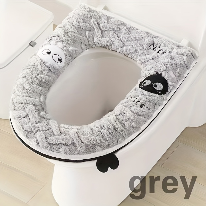 TEMU New Plush Toilet Lid Cover Thickened Insulated Home Toilet Seat Cartoon Embroidery Zipper Style Bathroom Toilet Cushion