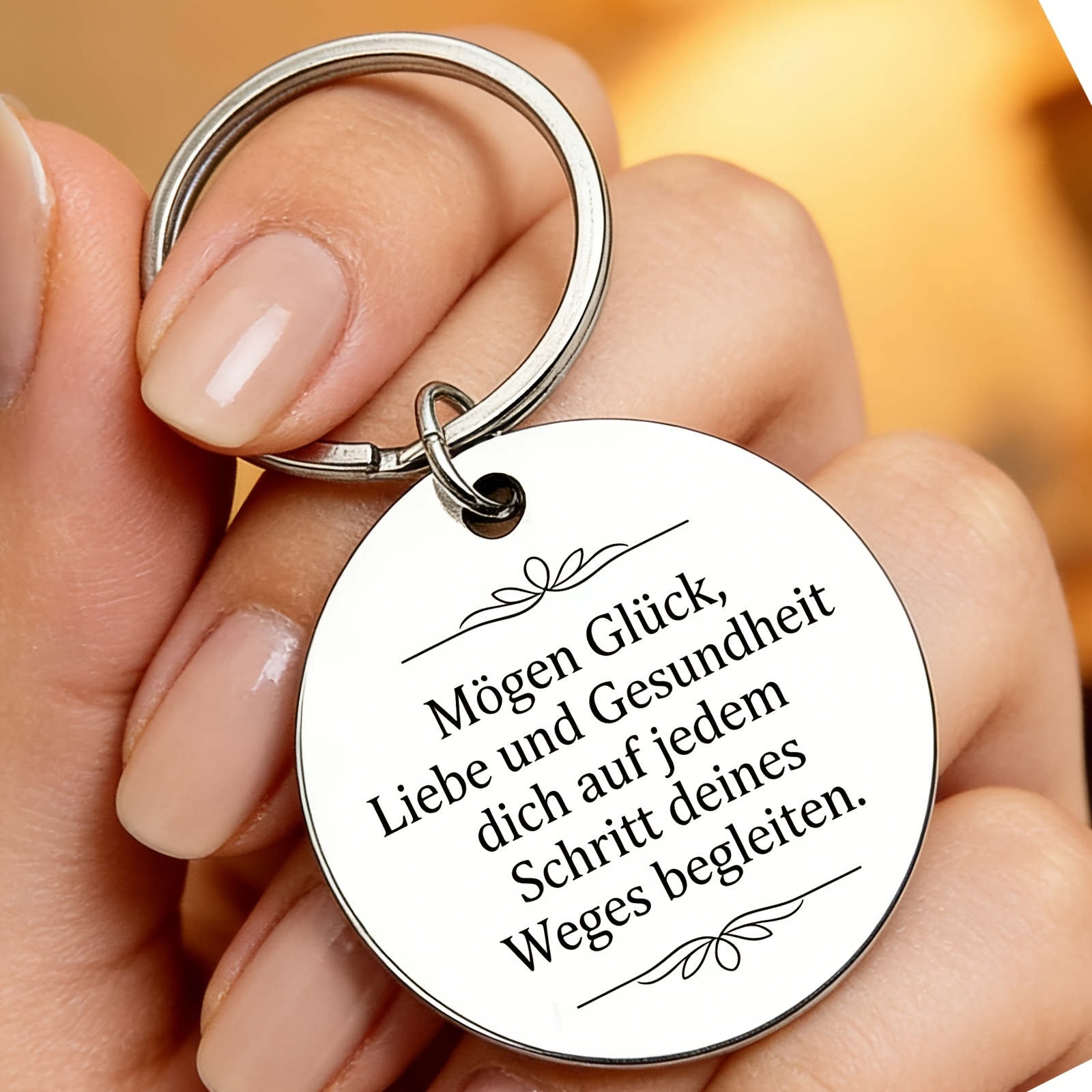 E-shop Runder Edelstahl-Schlüsselanhänger mit deutschem , „Mögen Glück, Liebe dich auf jedem Schritt des Weges begleiten.“ Ein Geschenk für Freunde,