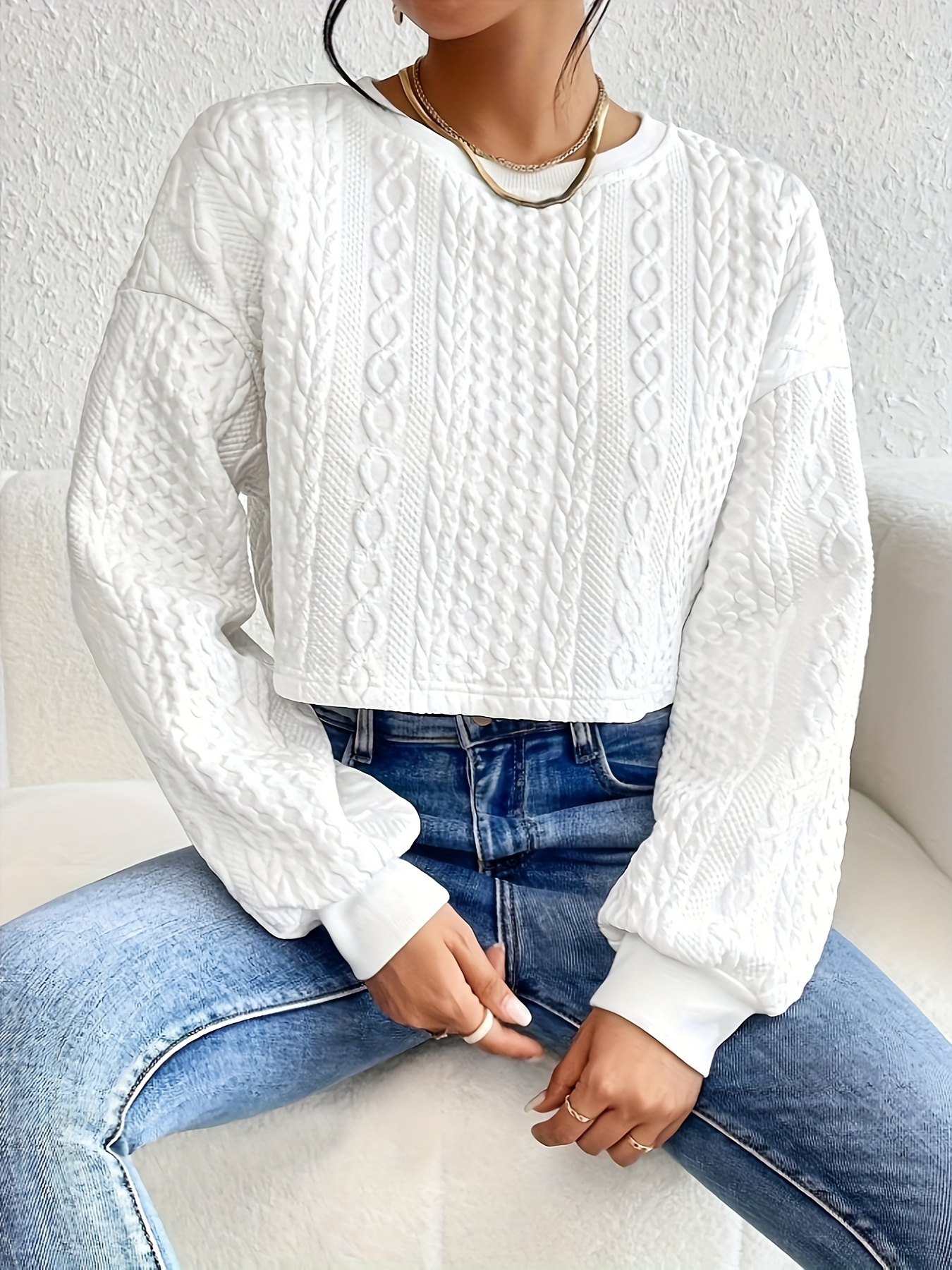 Solid Color Textured Loose Top, Versatile Drop Shoulder T-shirt For ...