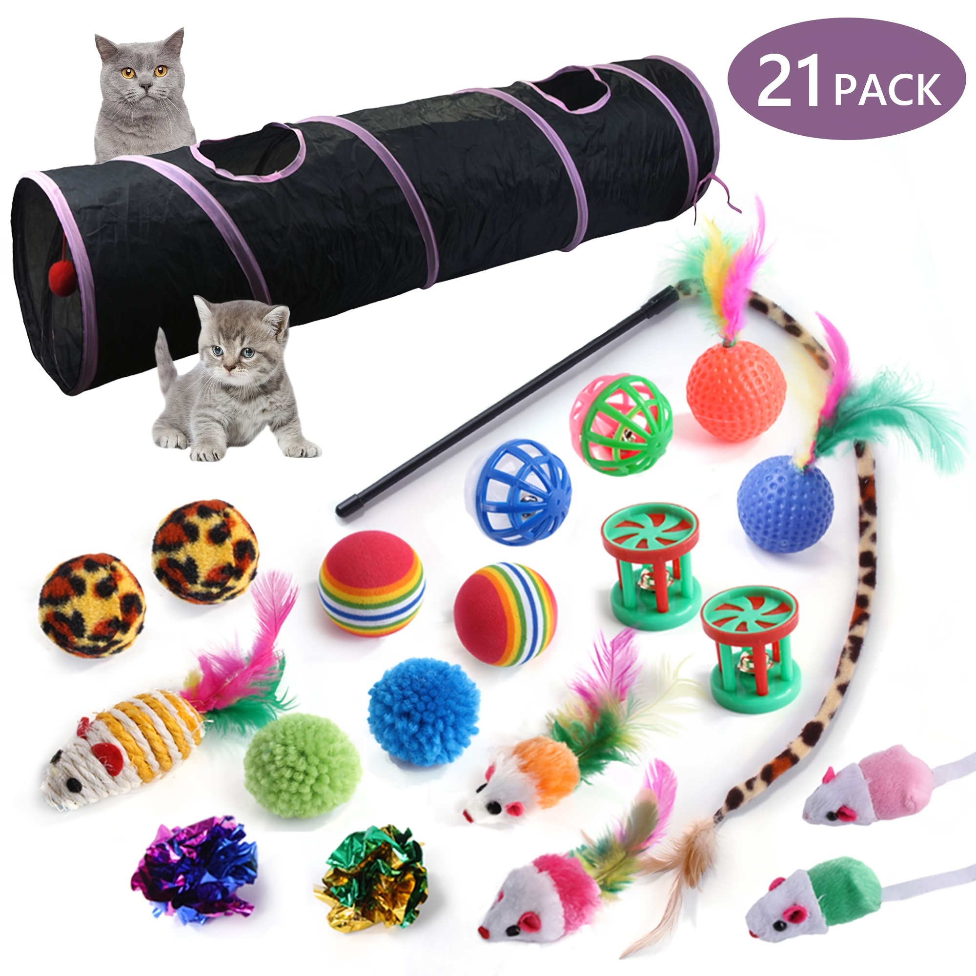 

21pcs Cat Toys Kitten Toy Set Tunnel Interactive Cat Toys Through Cat Tunnel Leopard Print Teasing Stick Fluffy Mouse For Cats Puppies, Without Battery