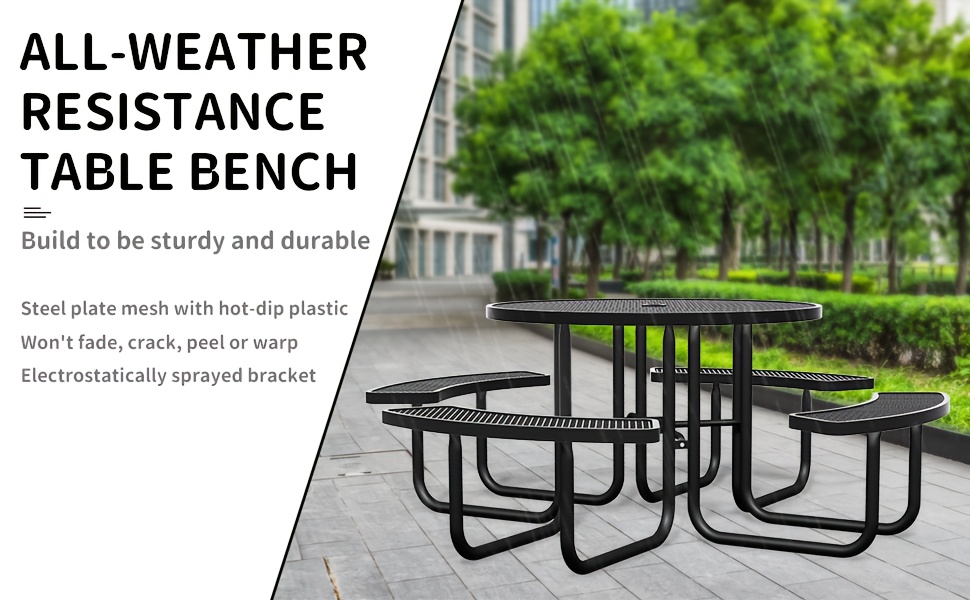 Heavy Duty Outdoor Metal Table and Bench Set Compatible for - -Weather Coated Steel Frame & Plastic Tabletop, Easy Assembly Outdoor Furniture for Park, Patio, Playground, School, Campsite - & Low Maintenance