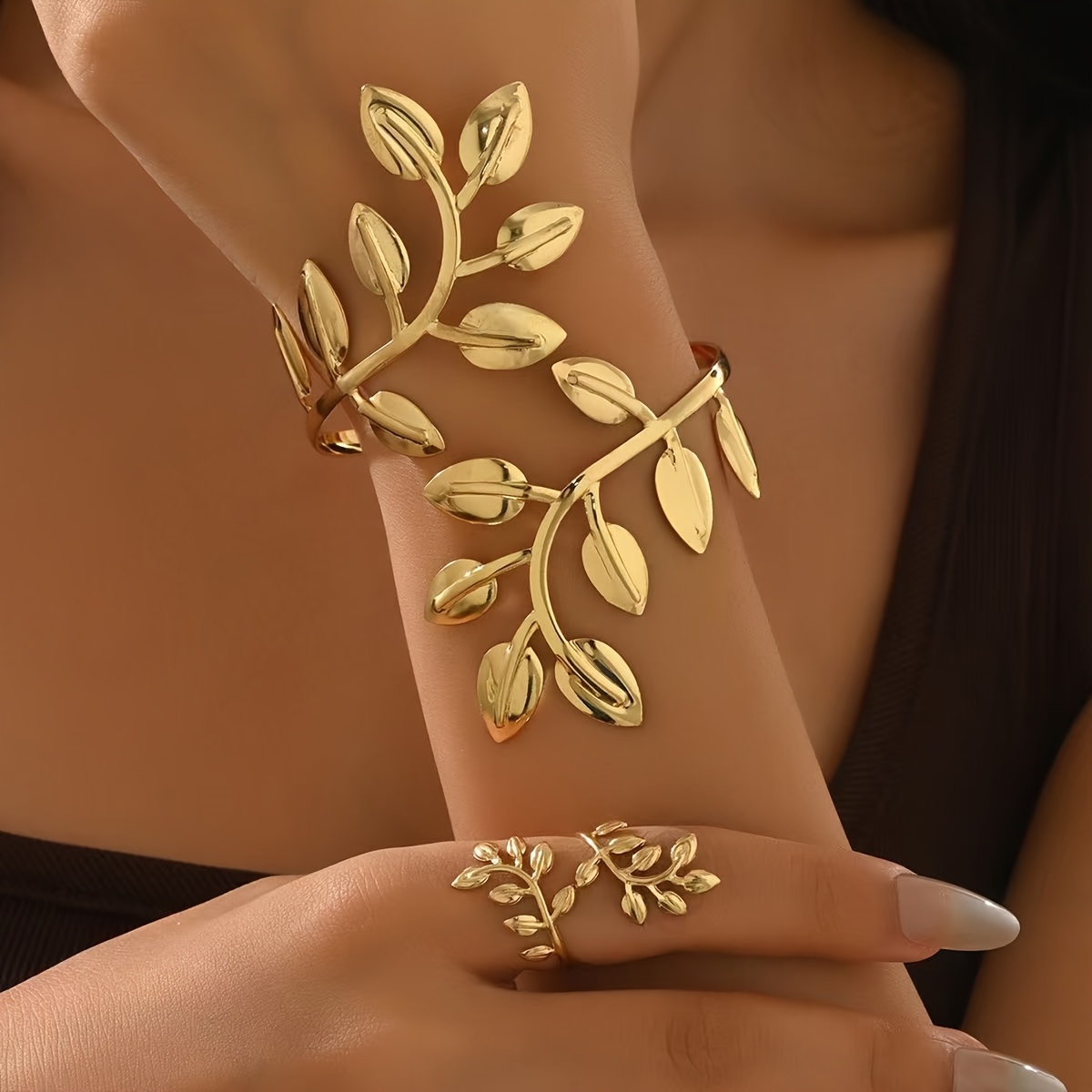 TEMU 1. Women' Three-dimensional Natural Design High-polish Leaf-shaped Bracelet And Ring Set - Lightweight, Hypoallergenic, With A Simple 3d , It's
