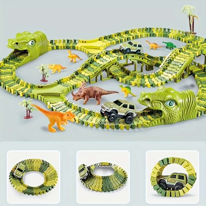 Ensemble de Jeu de Pistes de Dinosaures Jurassiques - Set de Voiture Électrique pour Garçons, Kit de Course sur Rail DIY avec Piles AA Non-Rechargeables, Vert détails 3