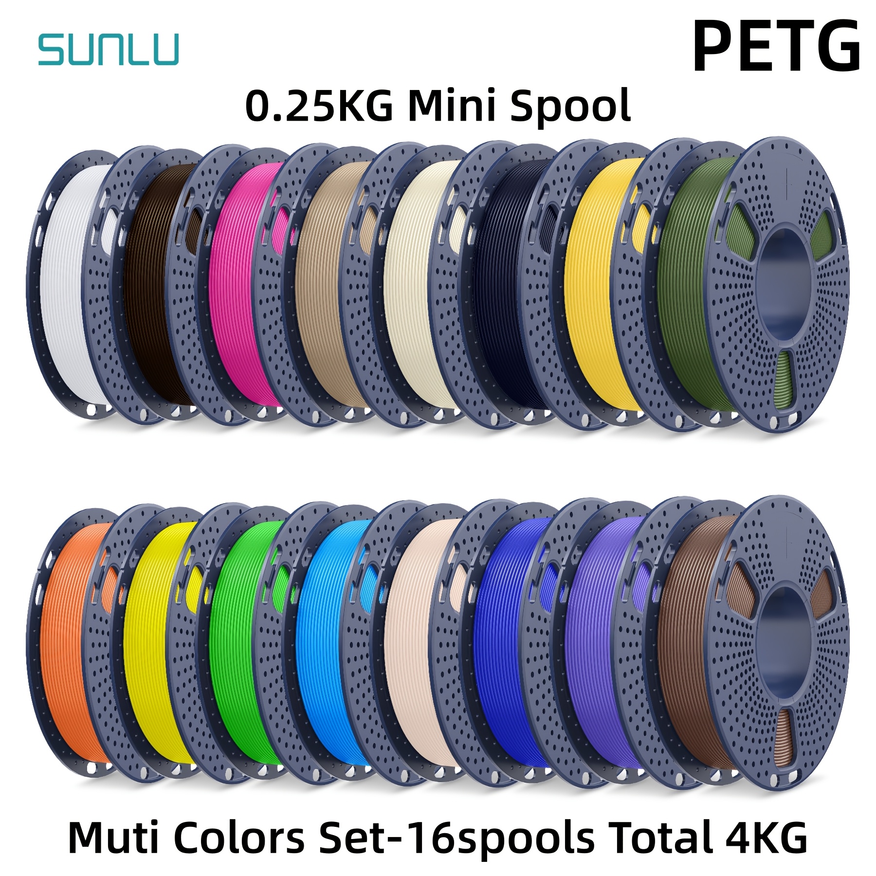 Sunlu 4kg Petg Multi Color 3d Printer Filament, 16 Color Bundle, 0.25kg Per Roll, 1.75mm, Bright Colors, High Strength, Fdm Compatible Total 4kg