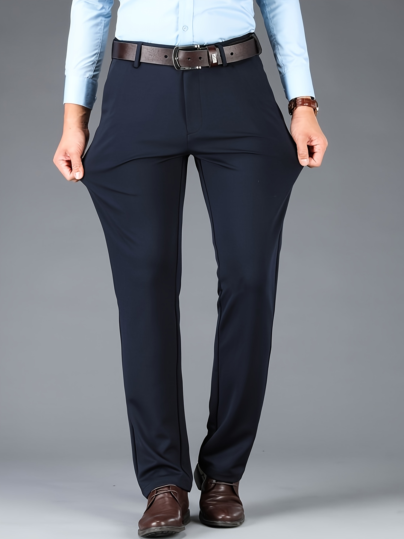 Men'S Relaxed Fit, Navy Blue Dress Pants - Stretchy Spandex Blend, Button-Fly, Mid-Rise, All-Season Workwear, Office Attire|Relaxed Fit Pants|Stylish Waistband