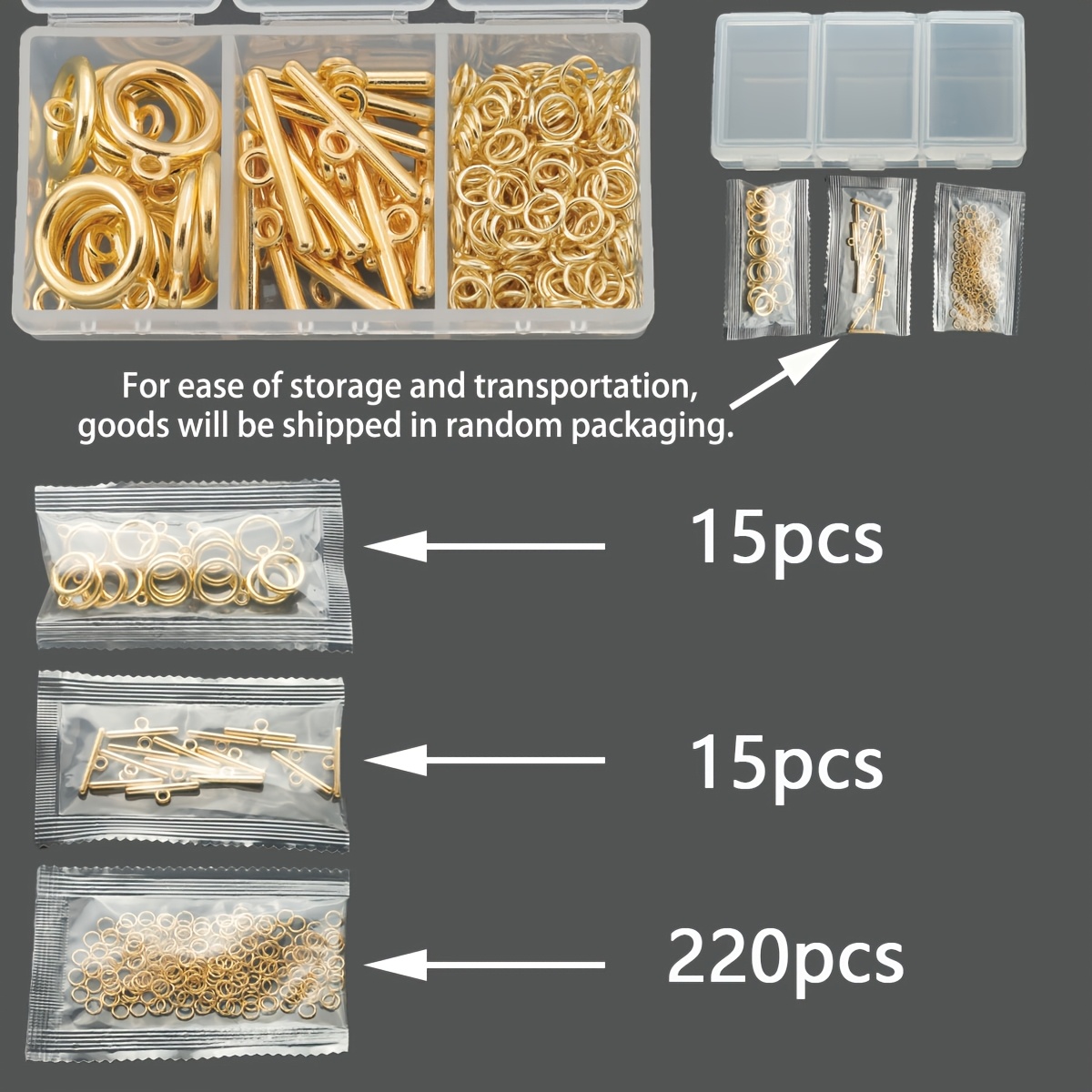 E-shop 250 Stück pro Schachtel. Golden, enthält 15 runde Anhänger, 15 OT-Verschlüsse 220 Sprungringe, usw. Zufällige Verpackung. Geeignet für