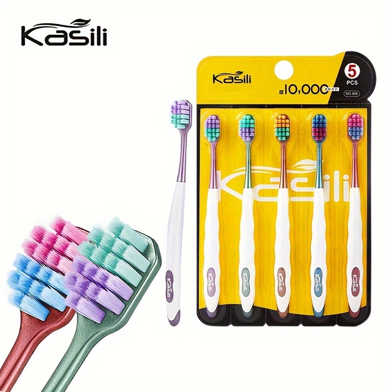 

Kasili 5-pack Toothbrushes, Sugar-free, Wide & Soft Bristles, Anti-bacterial, Japanese Style Contrast Color, Nylon Bristles, Low Allergenic, Full Head, Adult Use, Manual Toothbrushes, Boxed Set