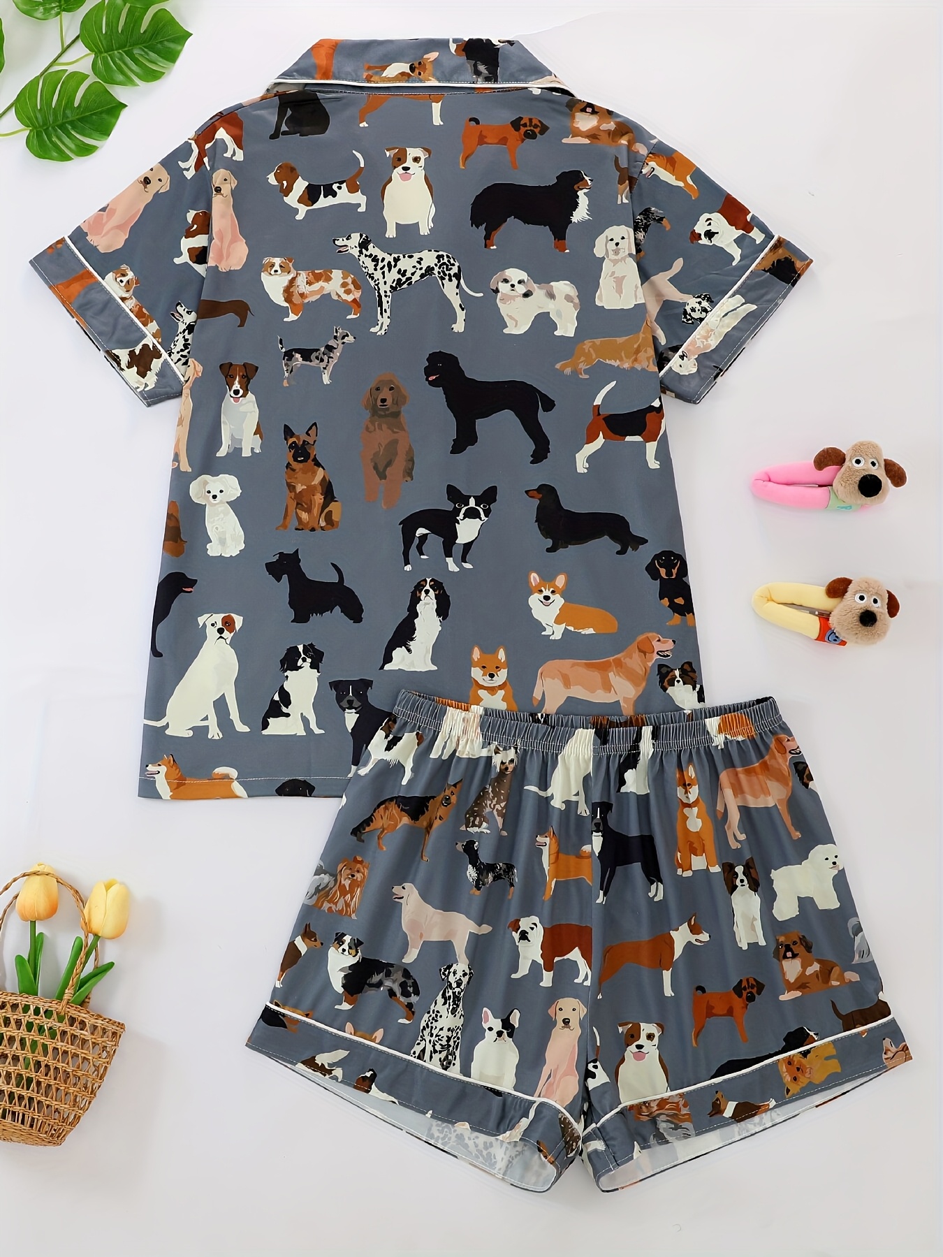womens pajama set lapel short sleeve open front shirt and loose elastic shorts with animal dog print cool summer wearable outdoors casual   sleepwear and loungewear suit polyester fabric Product details 1