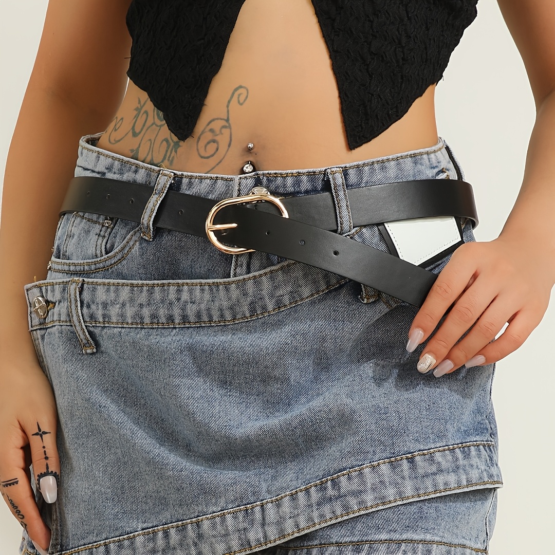Women's Light Luxury Black Thin Belt with Golden Oval Buckle