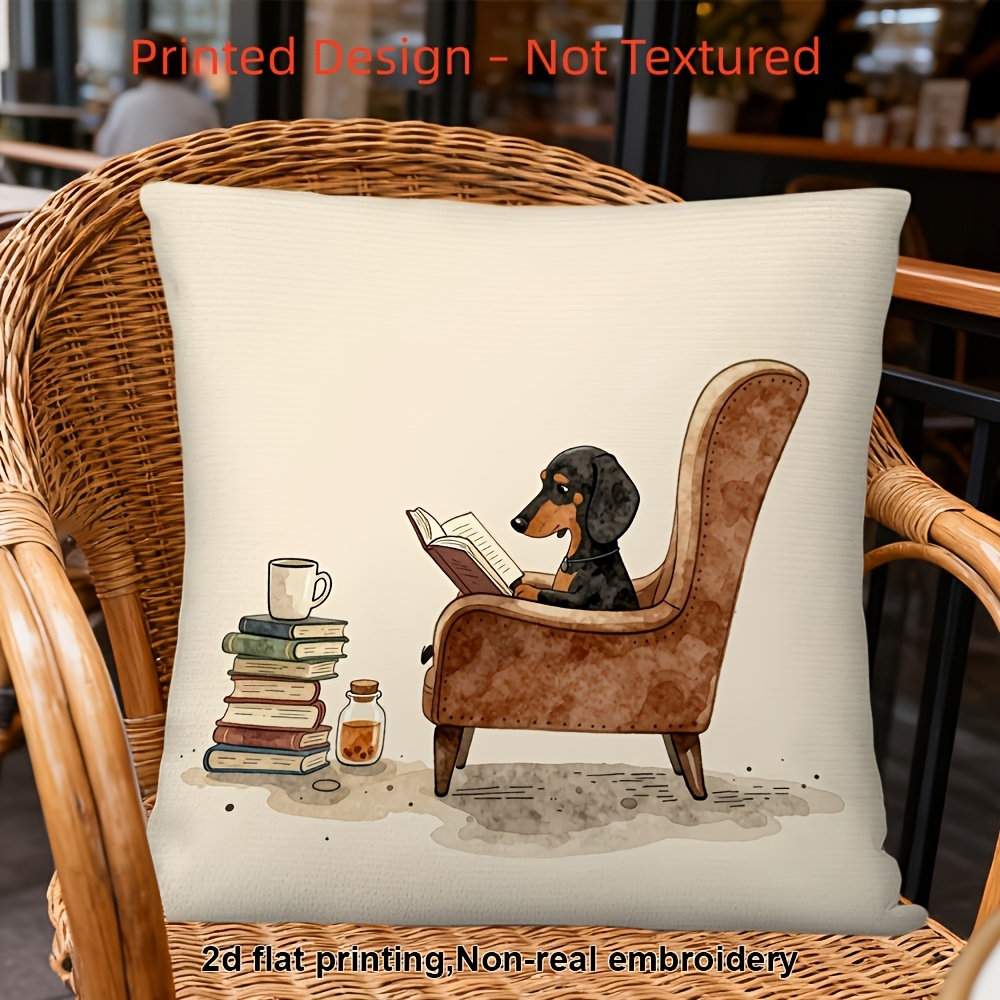 TEMU 1 de almohada, diseño estampado - Sin , de almohada con temático de perro salchicha vintage leyendo en un sillón, tejido de felpa corta de