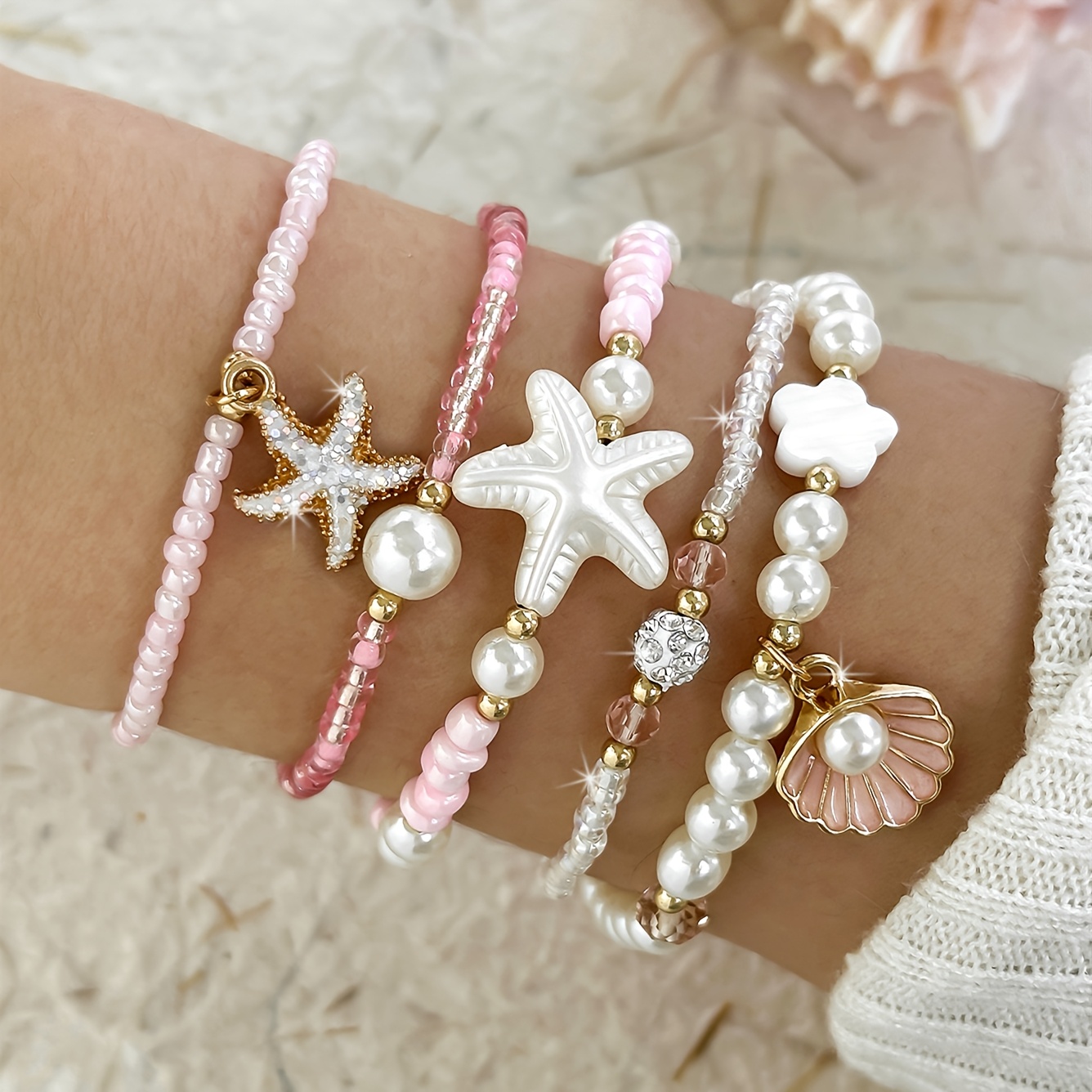 TEMU 5-pack Glass Bead Starfish Pendant Rhinestone Oil Painting Bracelet Set Bohemian Style Pink Sexy Fashion Shell Sequined Bracelets