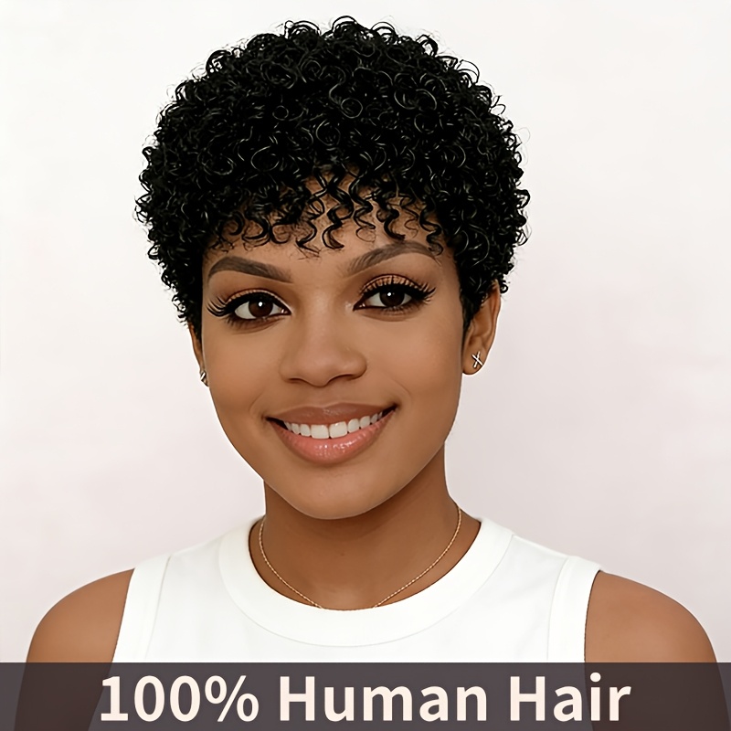 E-shop 200% Dichte 4-Zoll Afro Kinky Lockige Frisur für Damen mit Pony, 100% Echthaar, Brasilianisches Echthaar Perücke, Kurze Lockige Maschinell