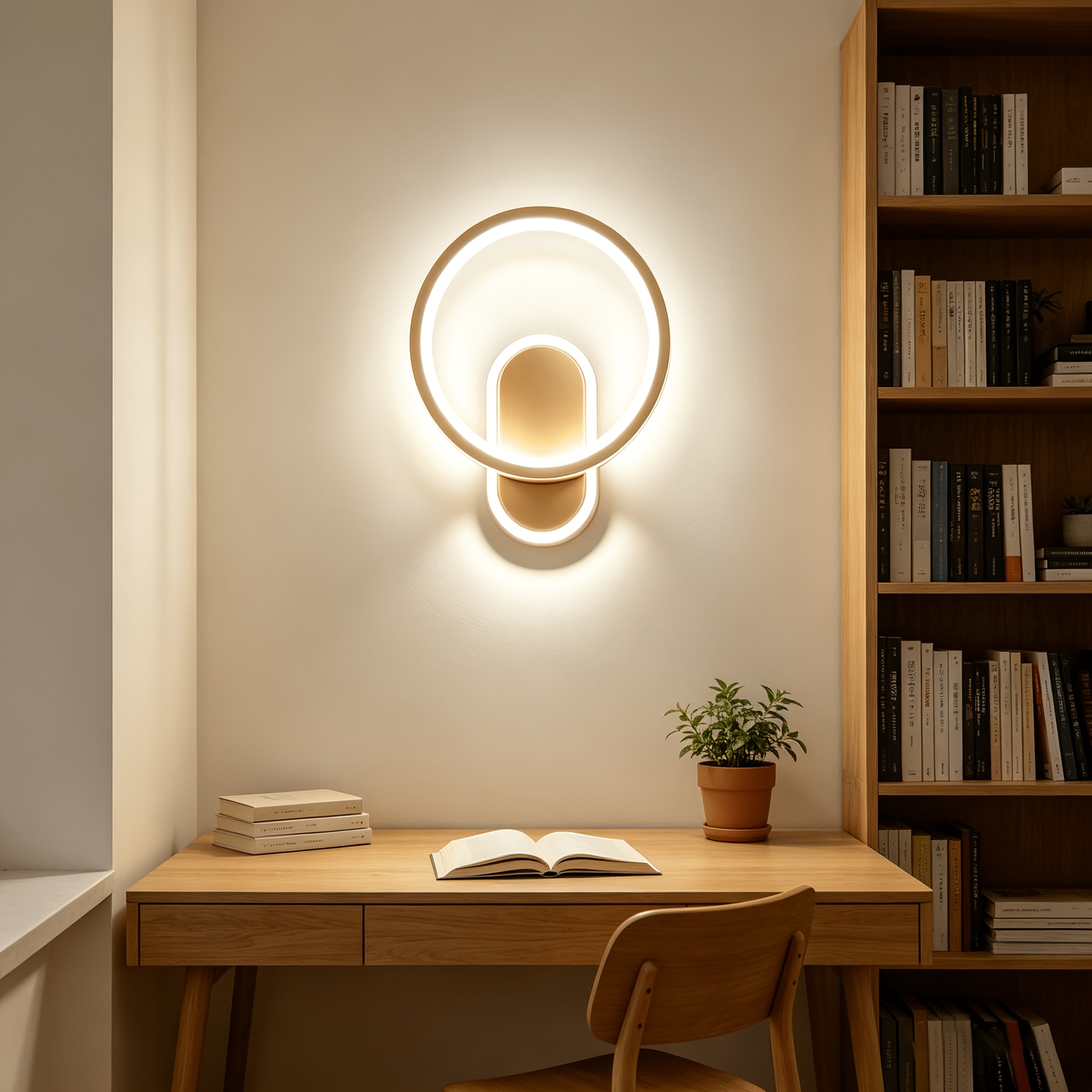 SYHENOP Modern Creative Ring Wall Lamp, Light Luxury Golden Design, 4000K Neutral Light, Study Reading Wall Light, Nordic Style Decorative Lighting Fixture