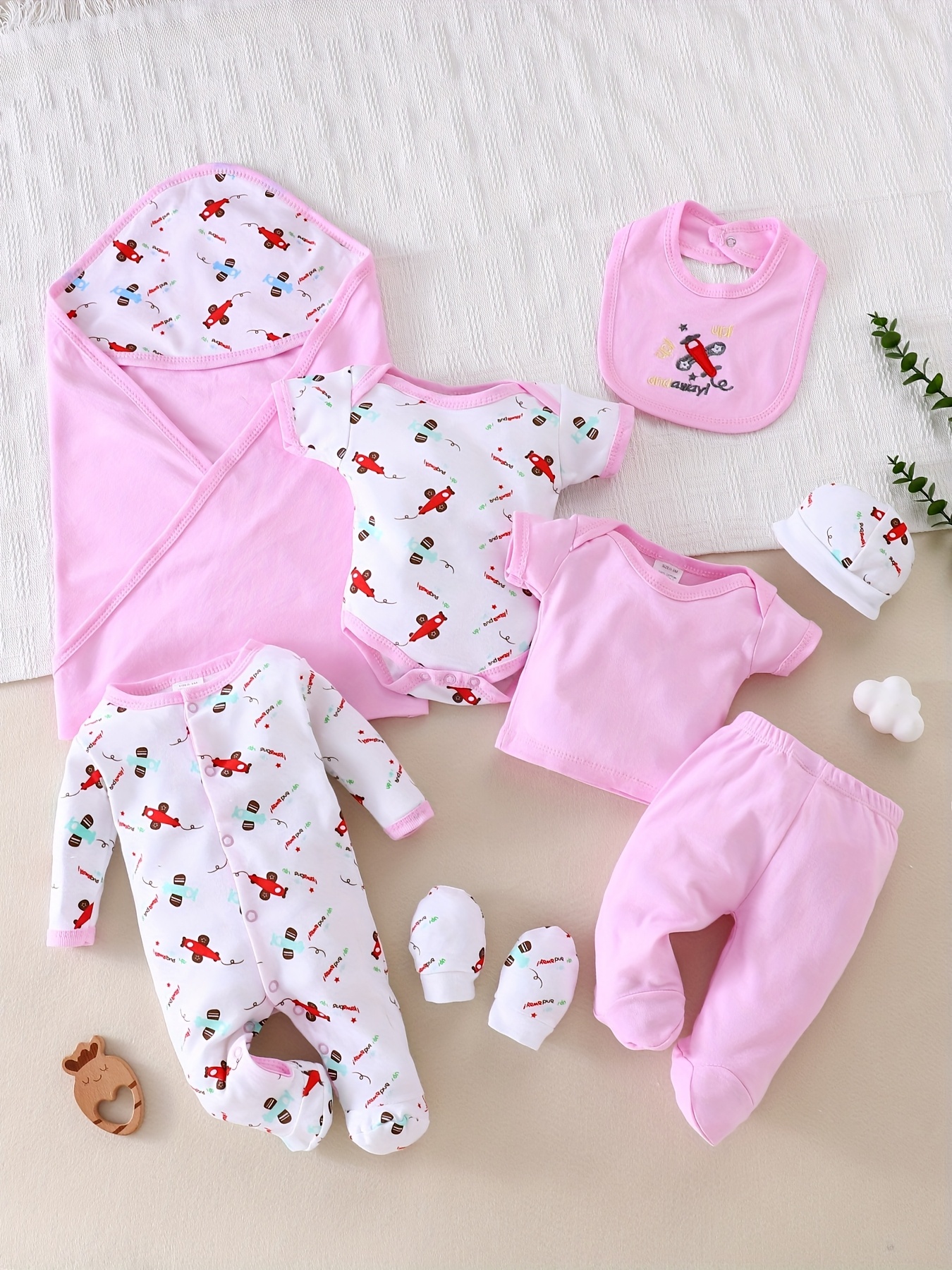 8pcs Newborn Baby Girl Clothes Set, Pink Airplane Embroidery Bodysuits  Rompers Swaddle Hats Mittens Bibs Gift Set