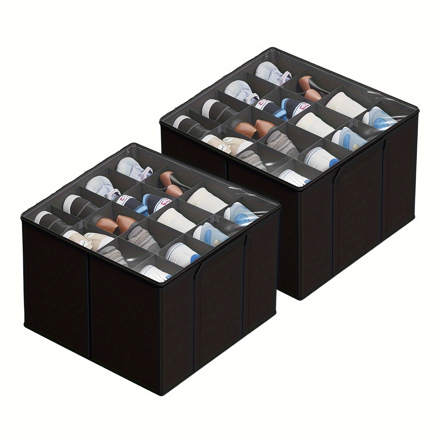 

Black Shoe Storage Bins With Adjustable Dividers, 2-pack Foldable Shoe Organizer For Closet, Fits 16-32 Pairs