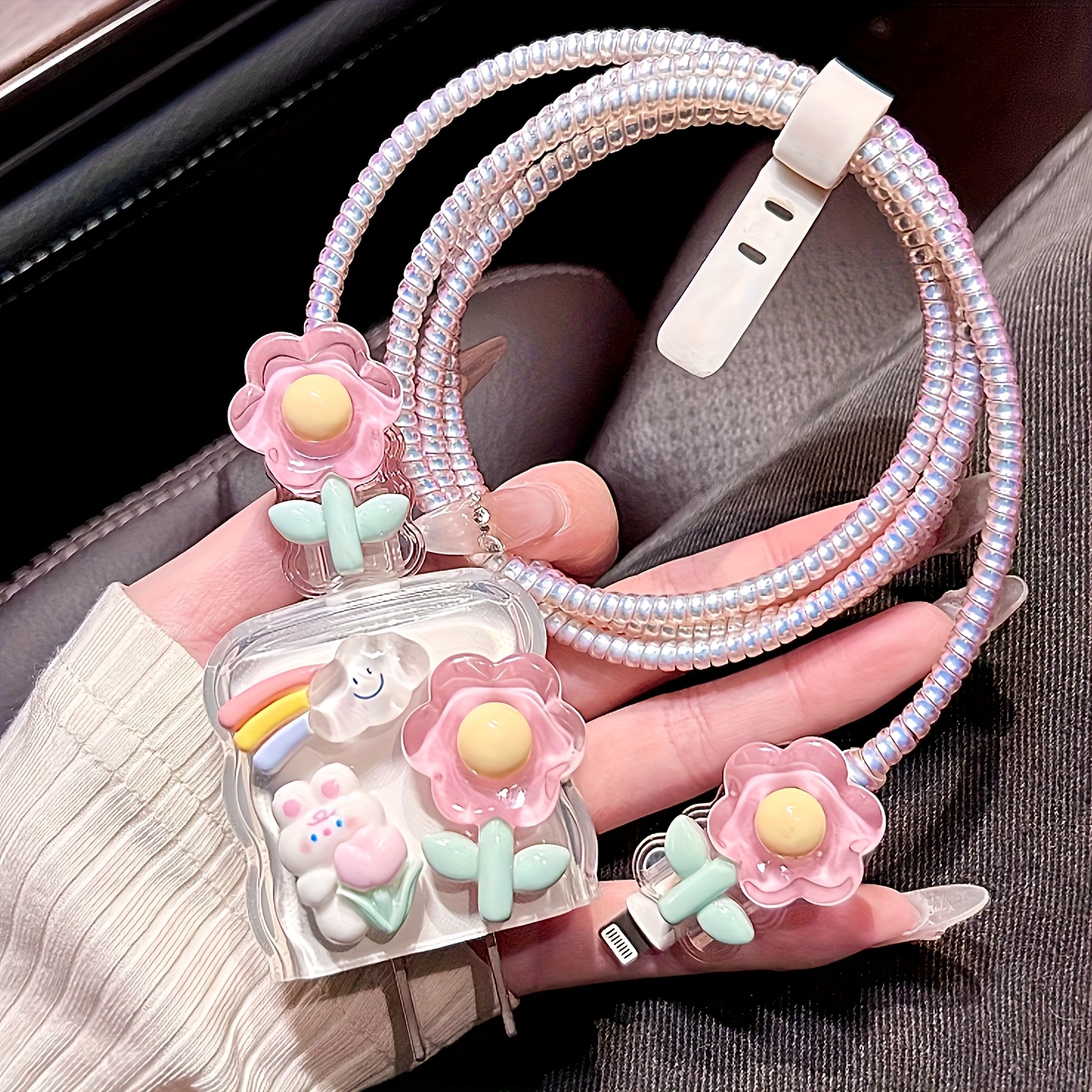 TEMU Juego de 5 fundas protectoras con diseño de flores , para cargador Apple, compatible con fundas protectoras para cargador y fundas protectoras