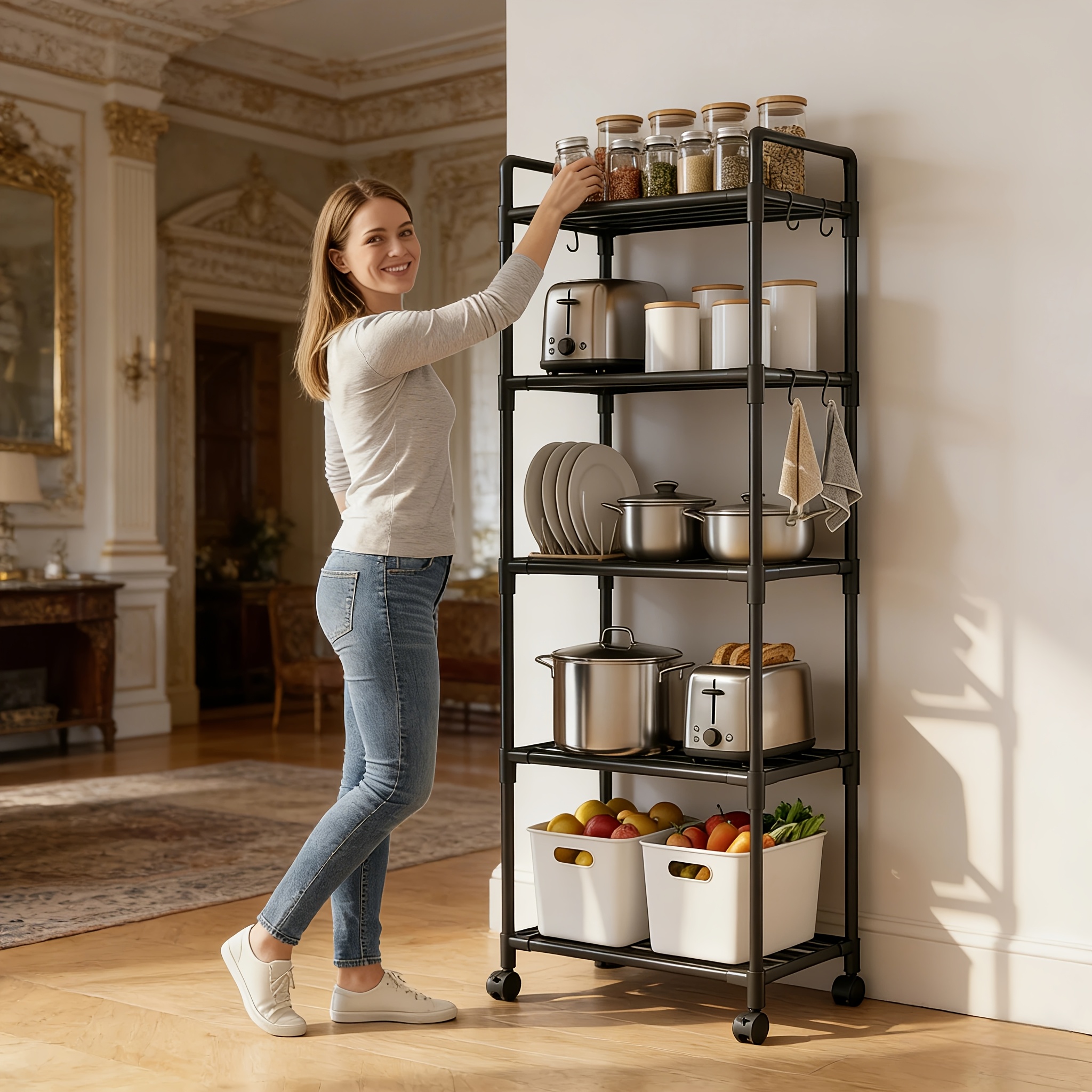 TEMU 5/6-tier Rolling Storage Shelf - 66 Inch Organizer - Space-, Adjustable And Multi-functional Rack, Suitable For Kitchen, Bathroom, Living Room,