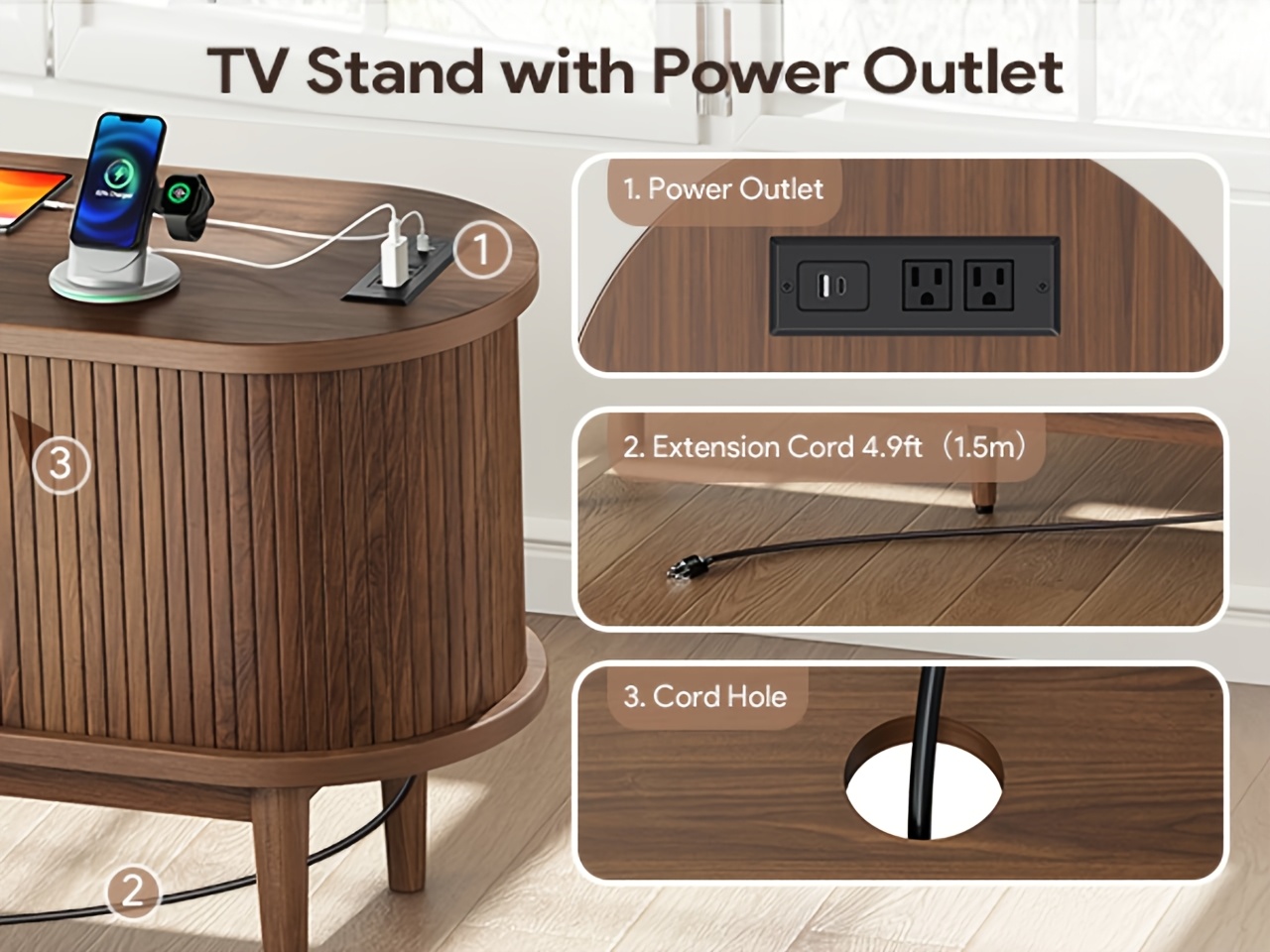 68 Inch Mid-Century TV Stand for TVs Up to 70 Inch, Entertainment Center with Storage, Power Outlet, Recessed Sliding Doors & Adjustable Shelves, Modern Media Console for Living Room, Housewarming Gift